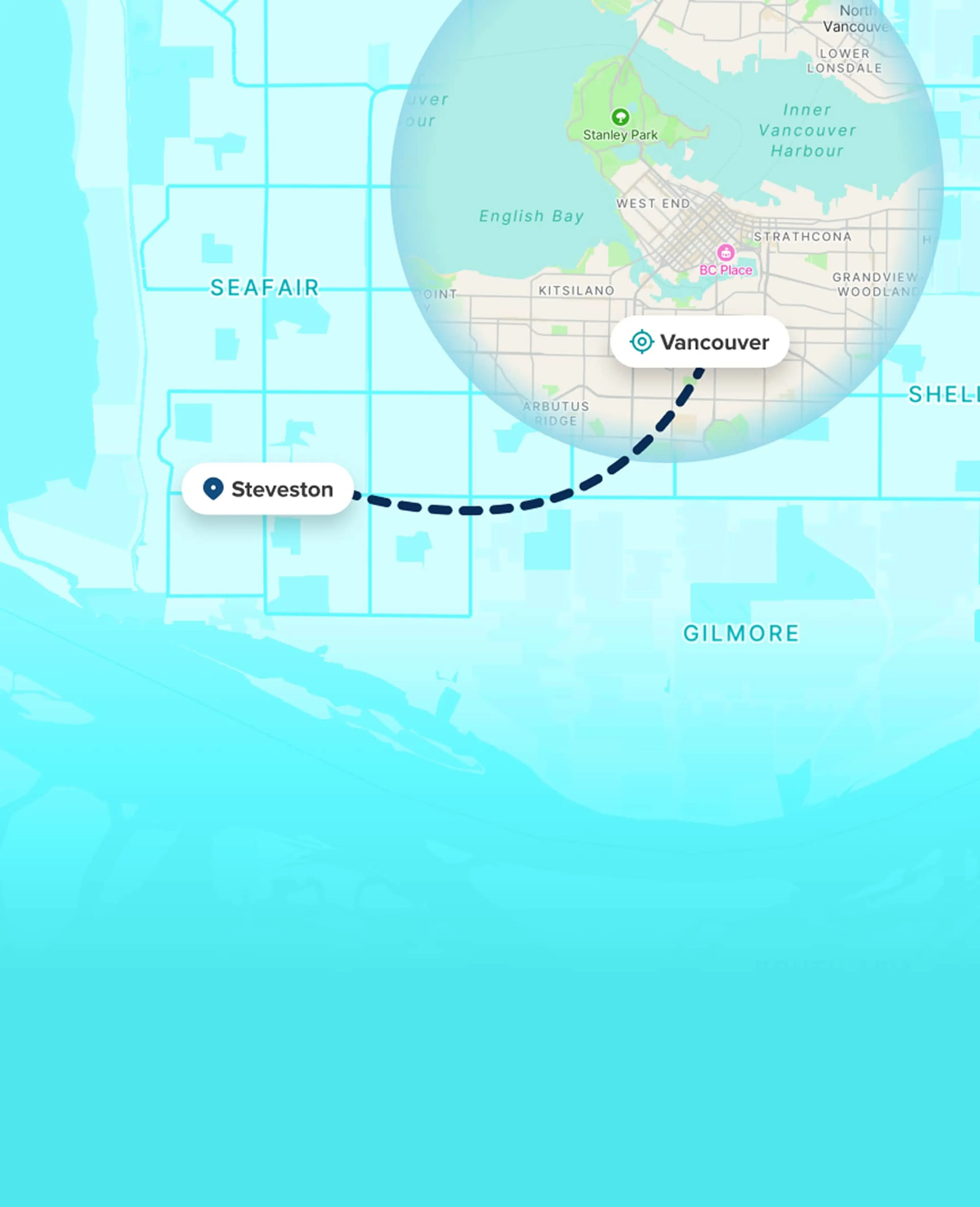 Map showing route from Steveston to Vancouver with photo of Steveston waterfront and anchor icon.