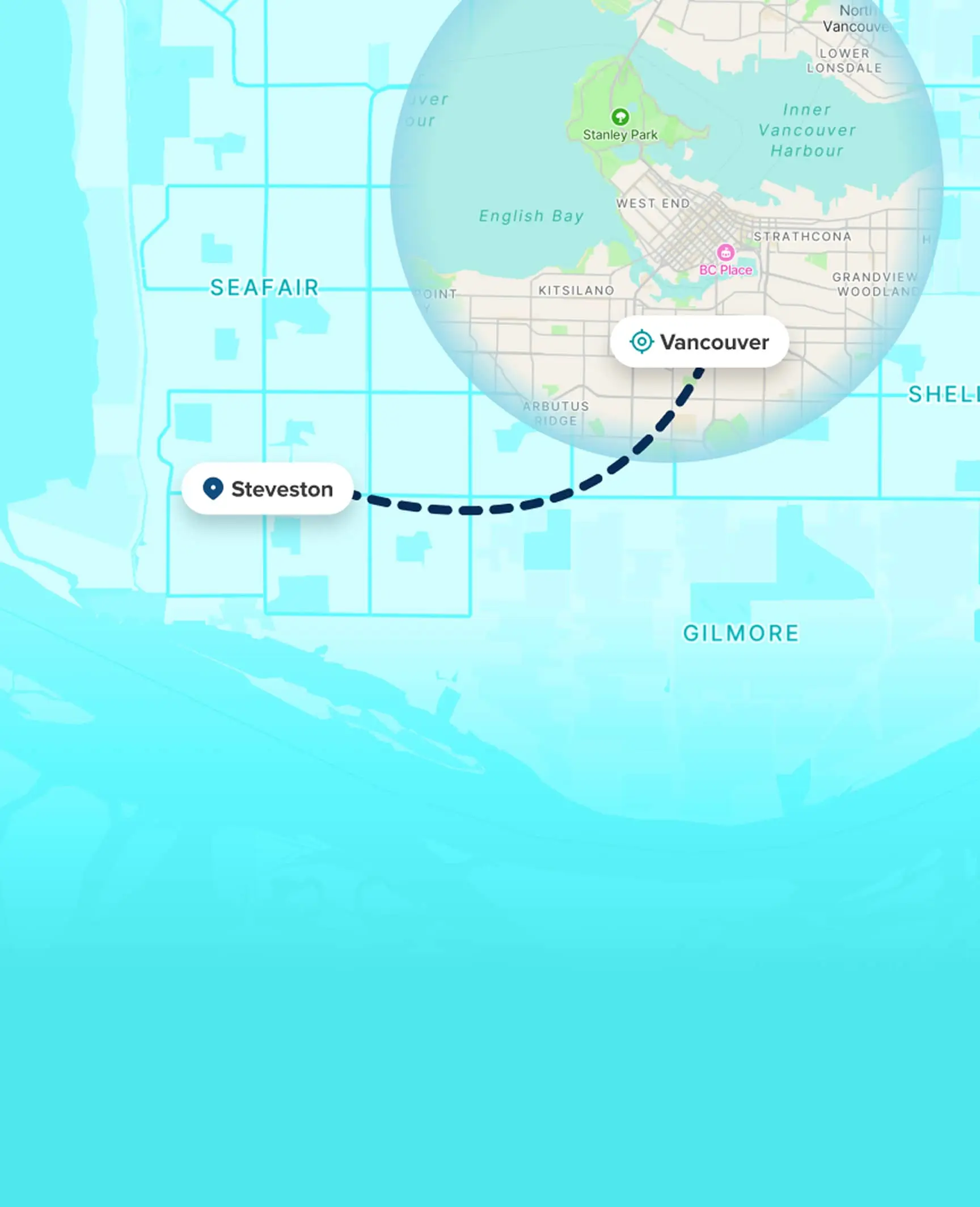 Map showing route from Steveston to Vancouver with photo of Steveston waterfront and anchor icon.