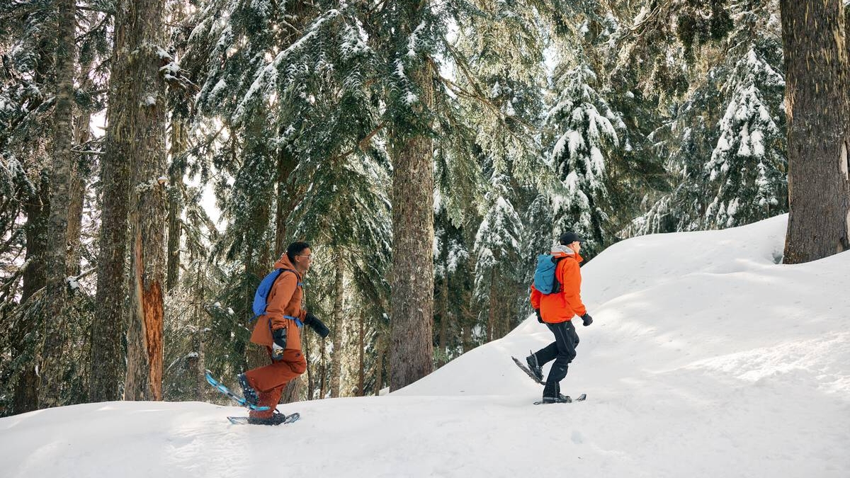 Two people wearing winter clothing and snowshoes walk through a snowy forest at Grouse Mountain.
