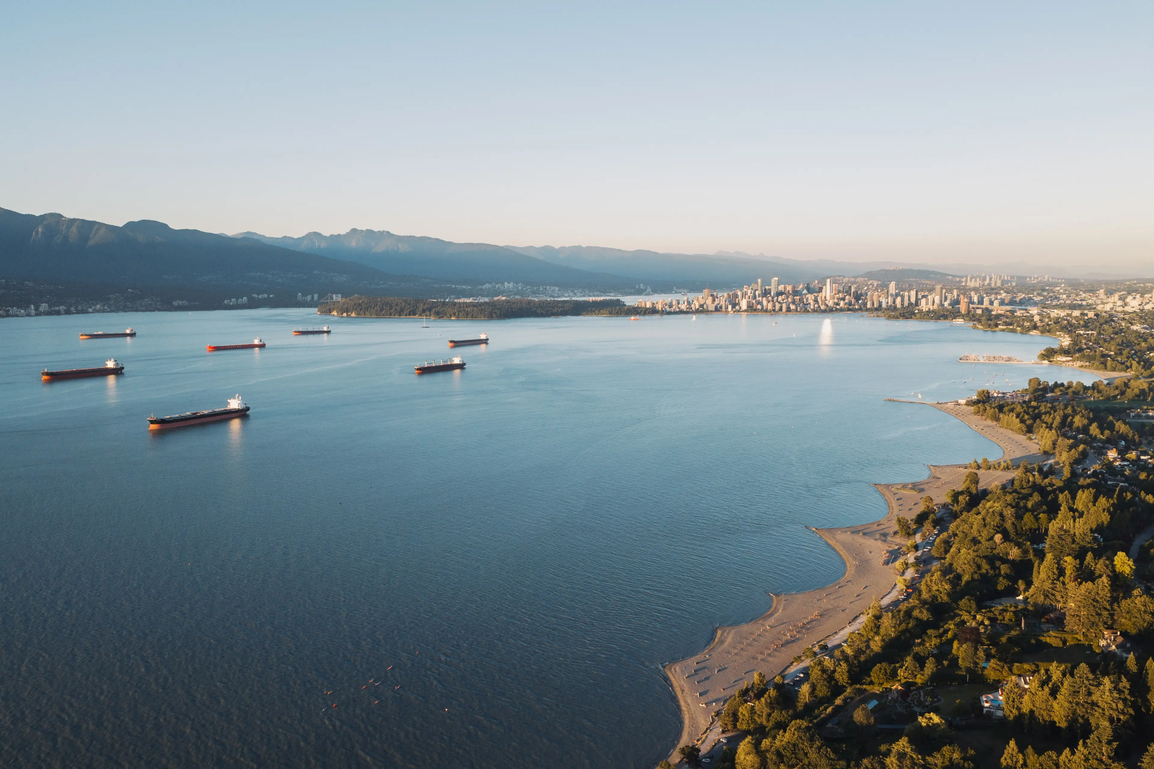 Aerial view of a coastal city with several cargo ships in the water and a sandy beach lined with trees.