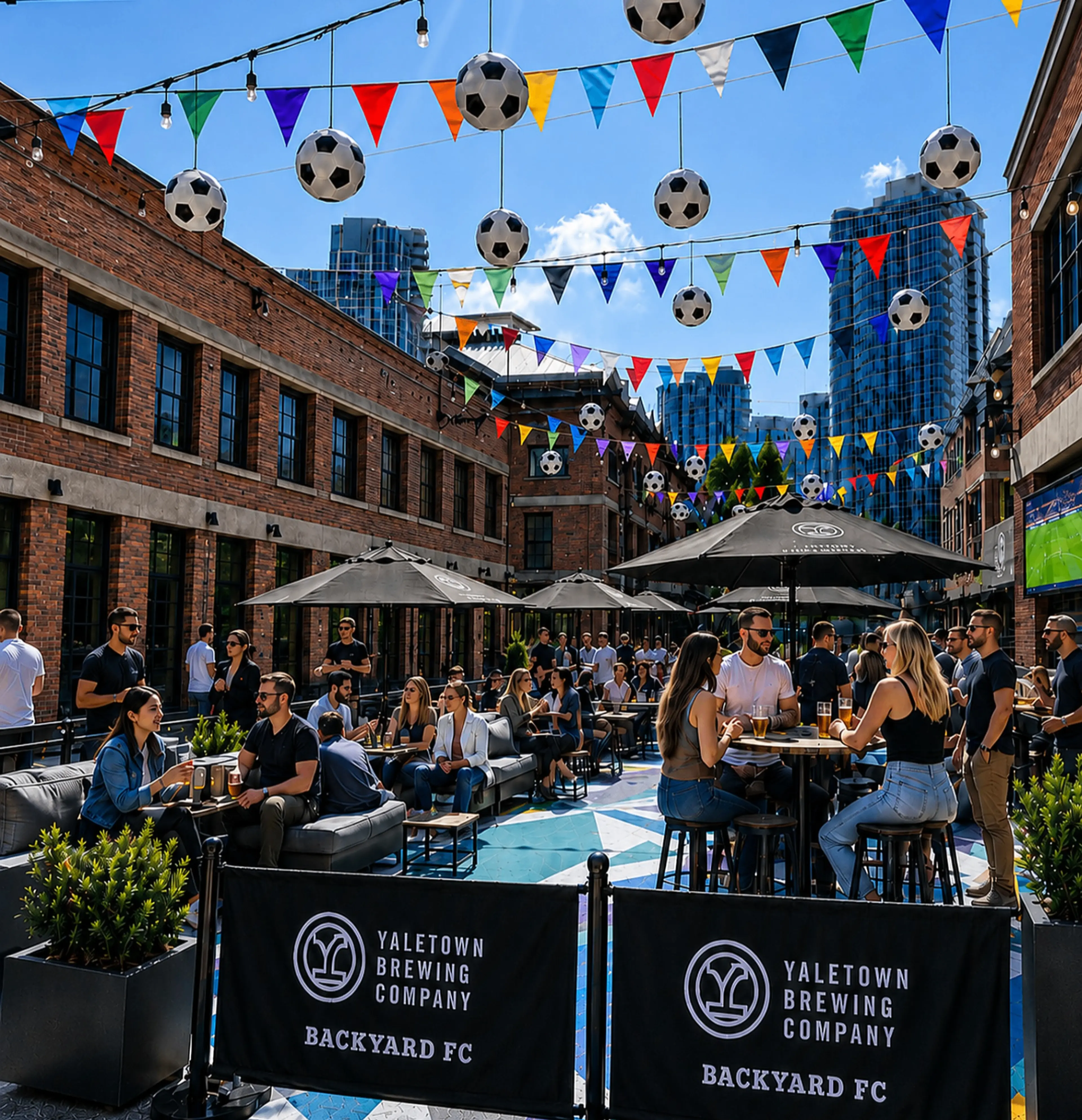 Outdoor patio with people sitting and standing under umbrellas, decorated with hanging soccer balls and colorful pennant flags.
