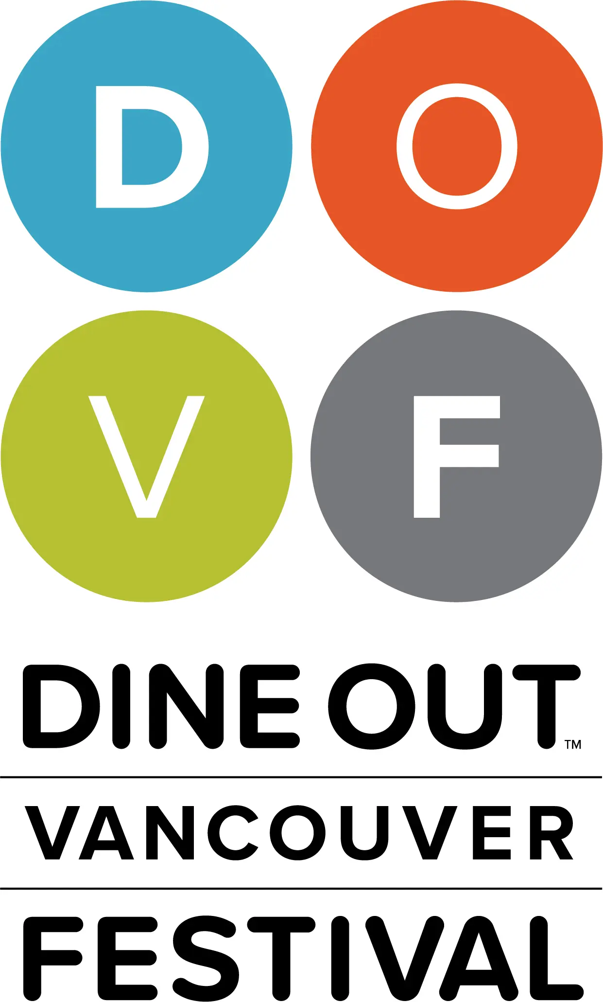 Four colored circles with letters D, O, V, F and text below reading Dine Out Vancouver Festival.
