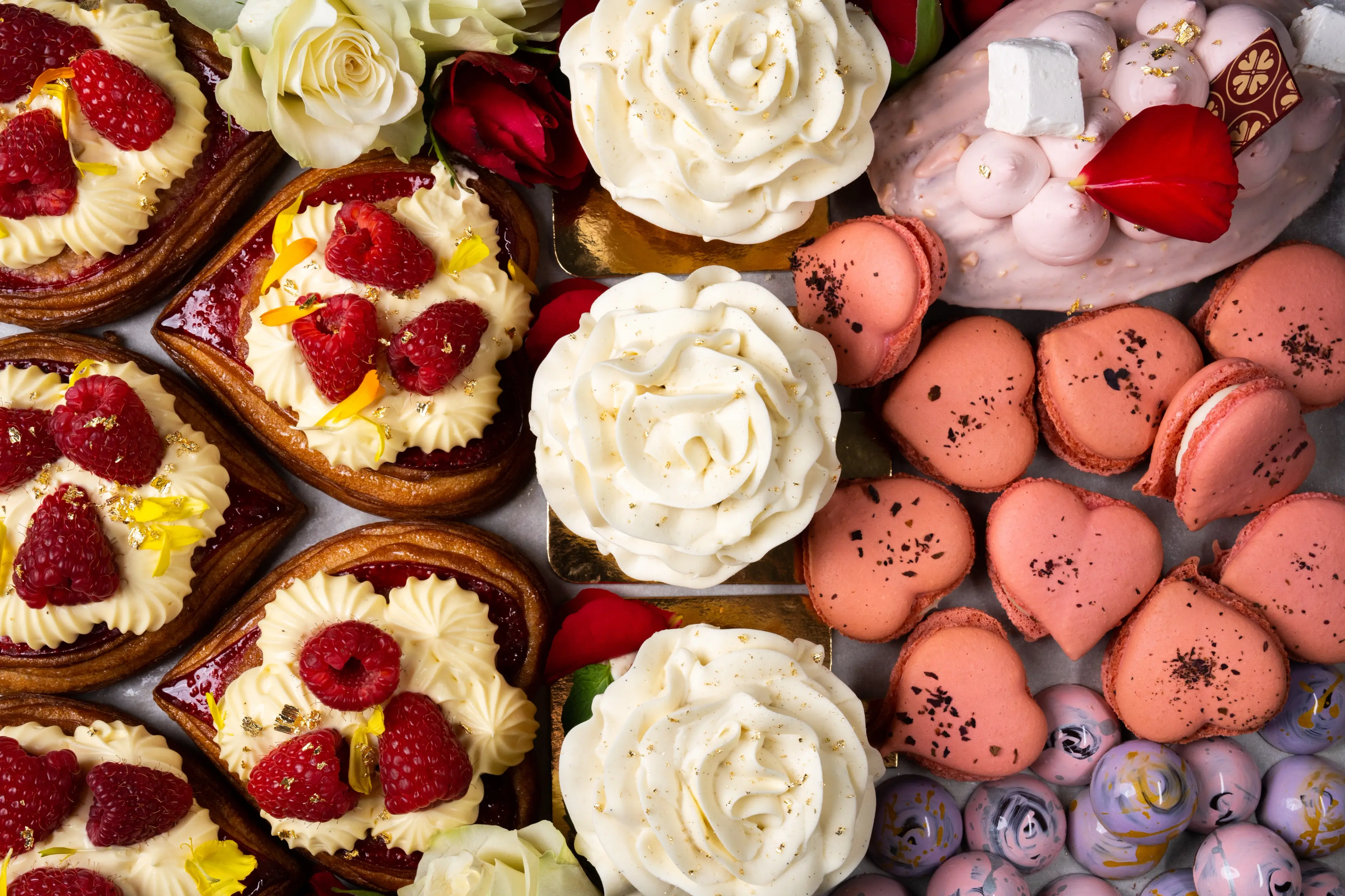 A close up overhead shot of Valentine's treats from Beaucoup Bakery in Vancouver. 