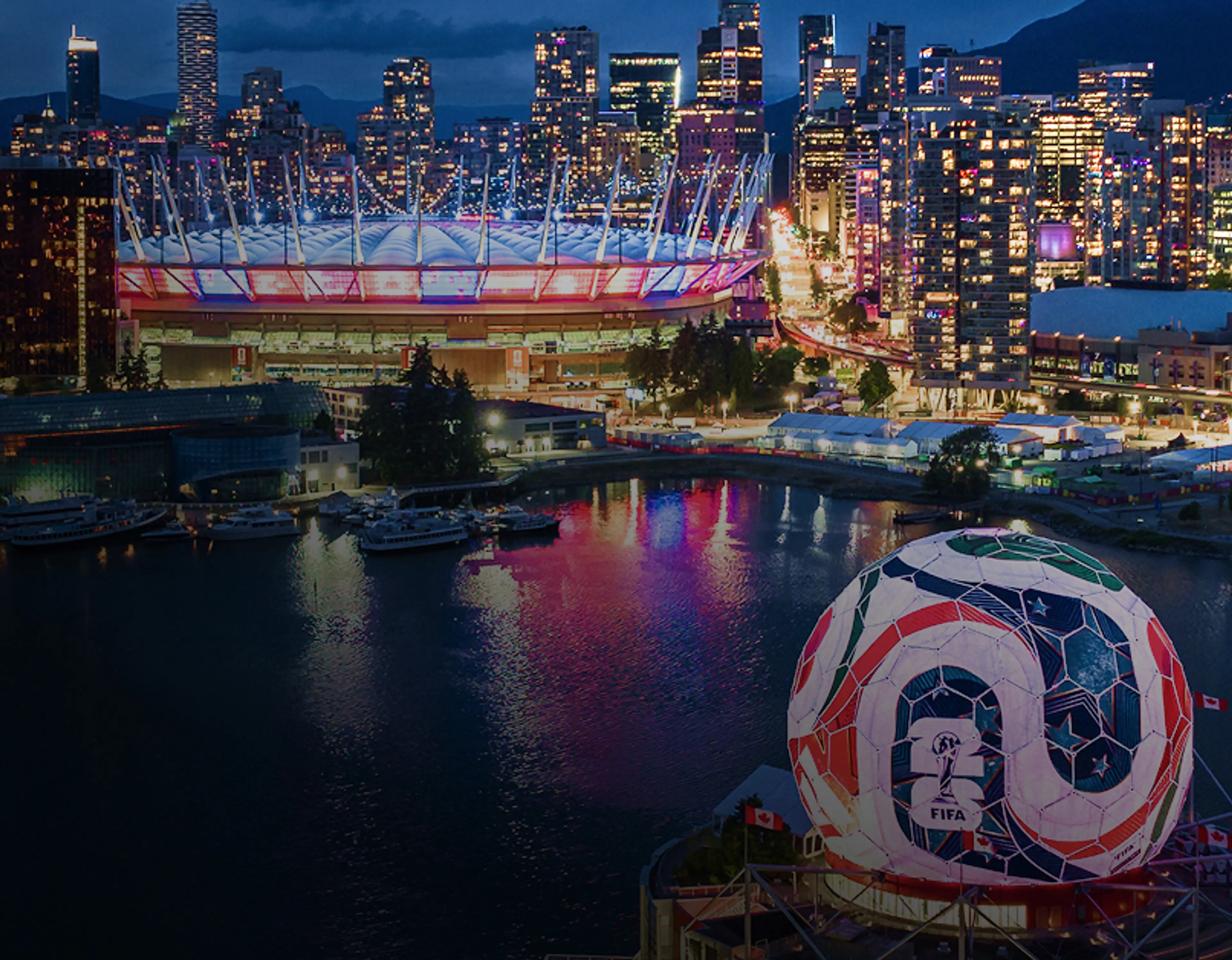 Night view of Vancouver BC Place & Science World