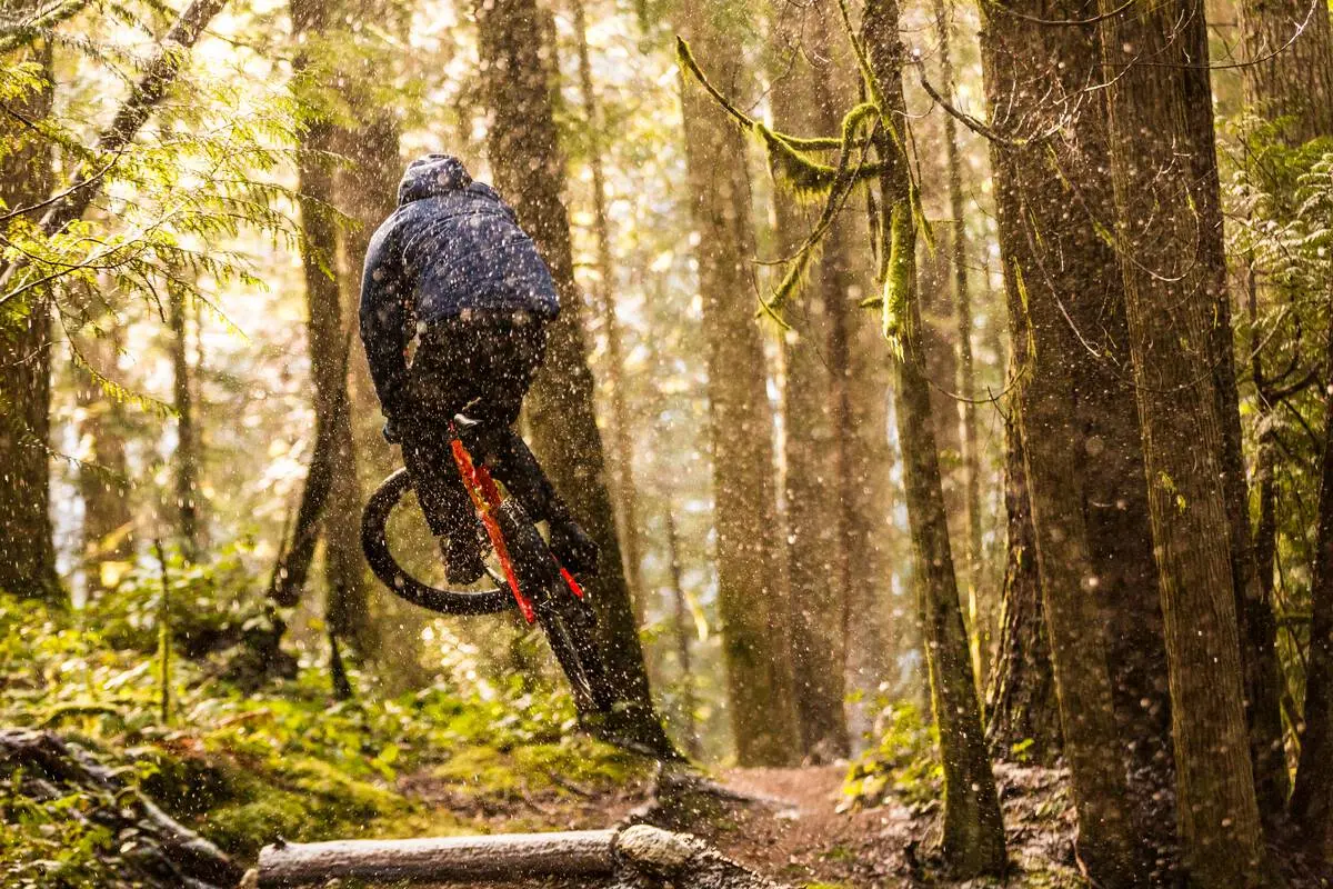 A person on a mountain bike jumps on a forested trail