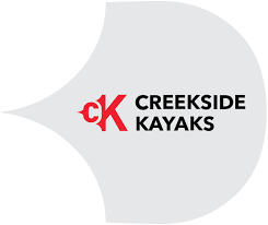 Logo with red letters cK and black text Creekside Kayaks on a gray abstract shape background.