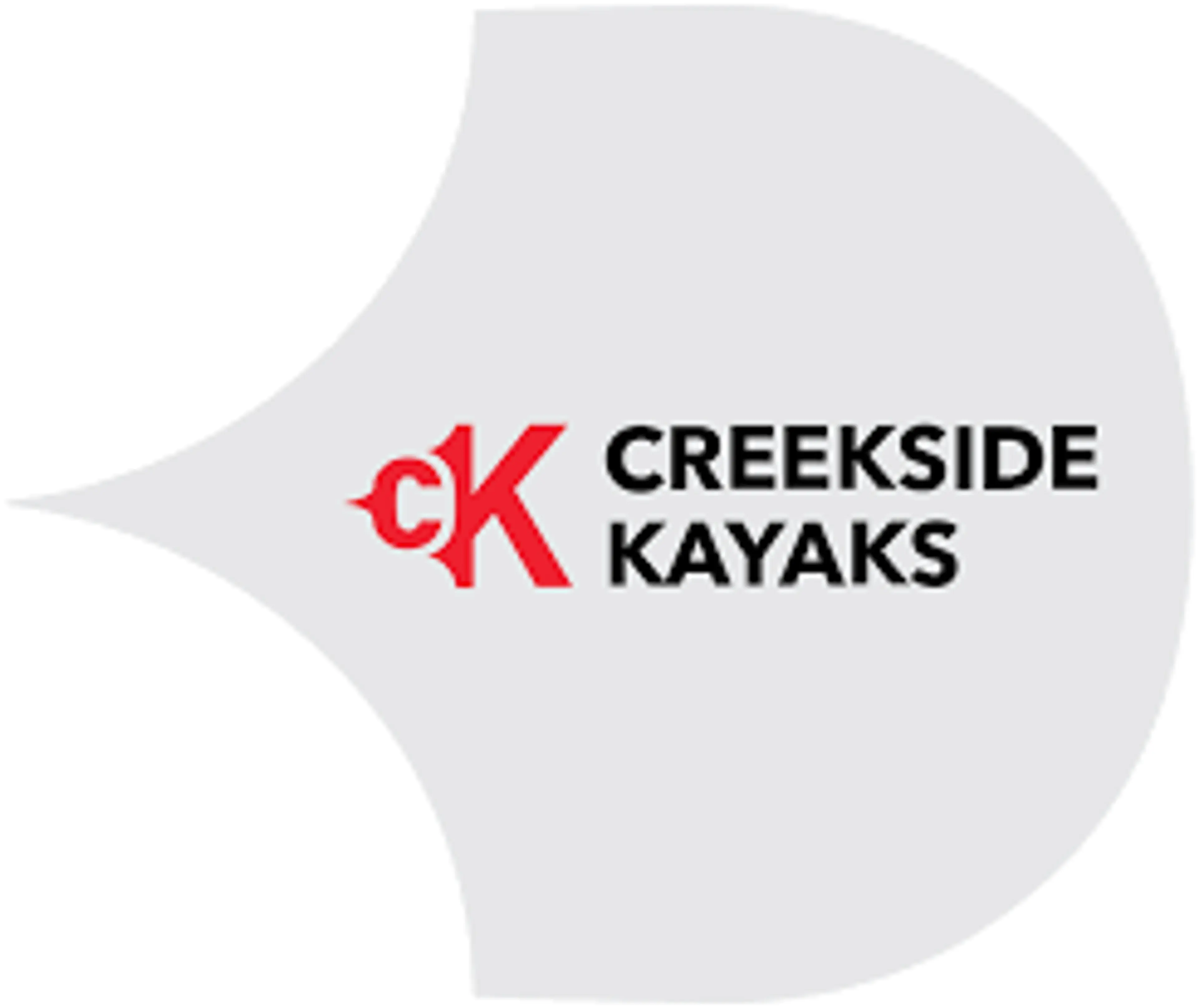 Logo with red letters cK and black text Creekside Kayaks on a gray abstract shape background.