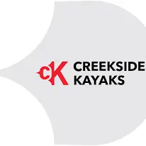 Logo with red letters cK and black text Creekside Kayaks on a gray abstract shape background.