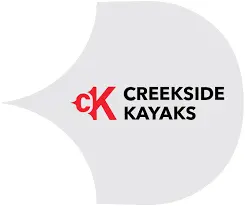 Logo with red letters cK and black text Creekside Kayaks on a gray abstract shape background.
