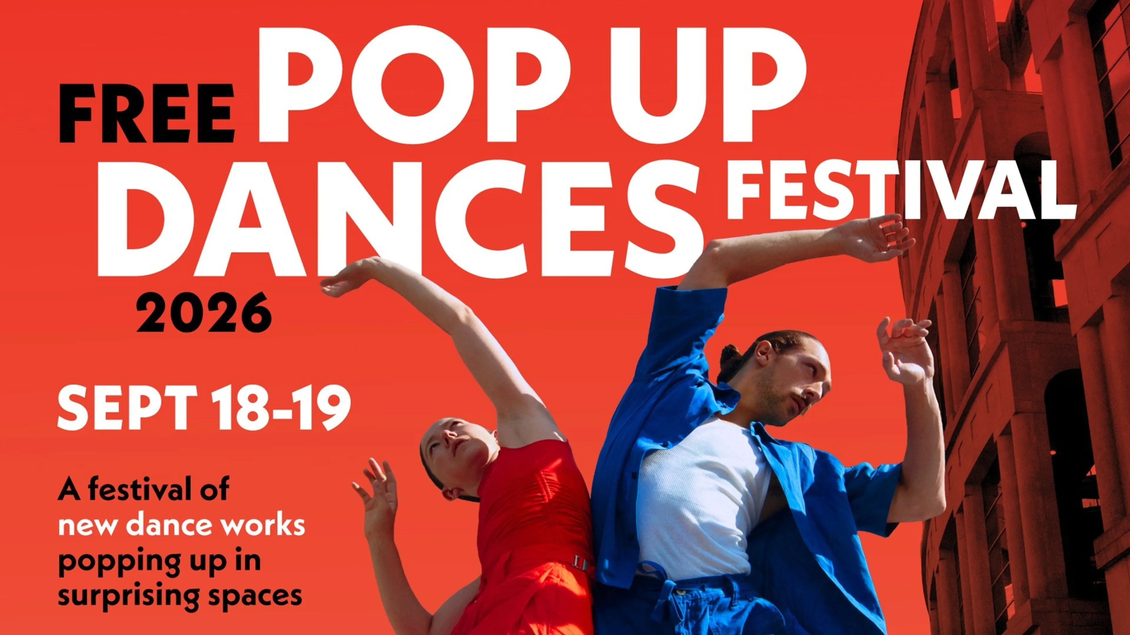 Two dancers in dynamic poses against a red background with text about a free pop up dances festival on Sept 18-19, 2026.