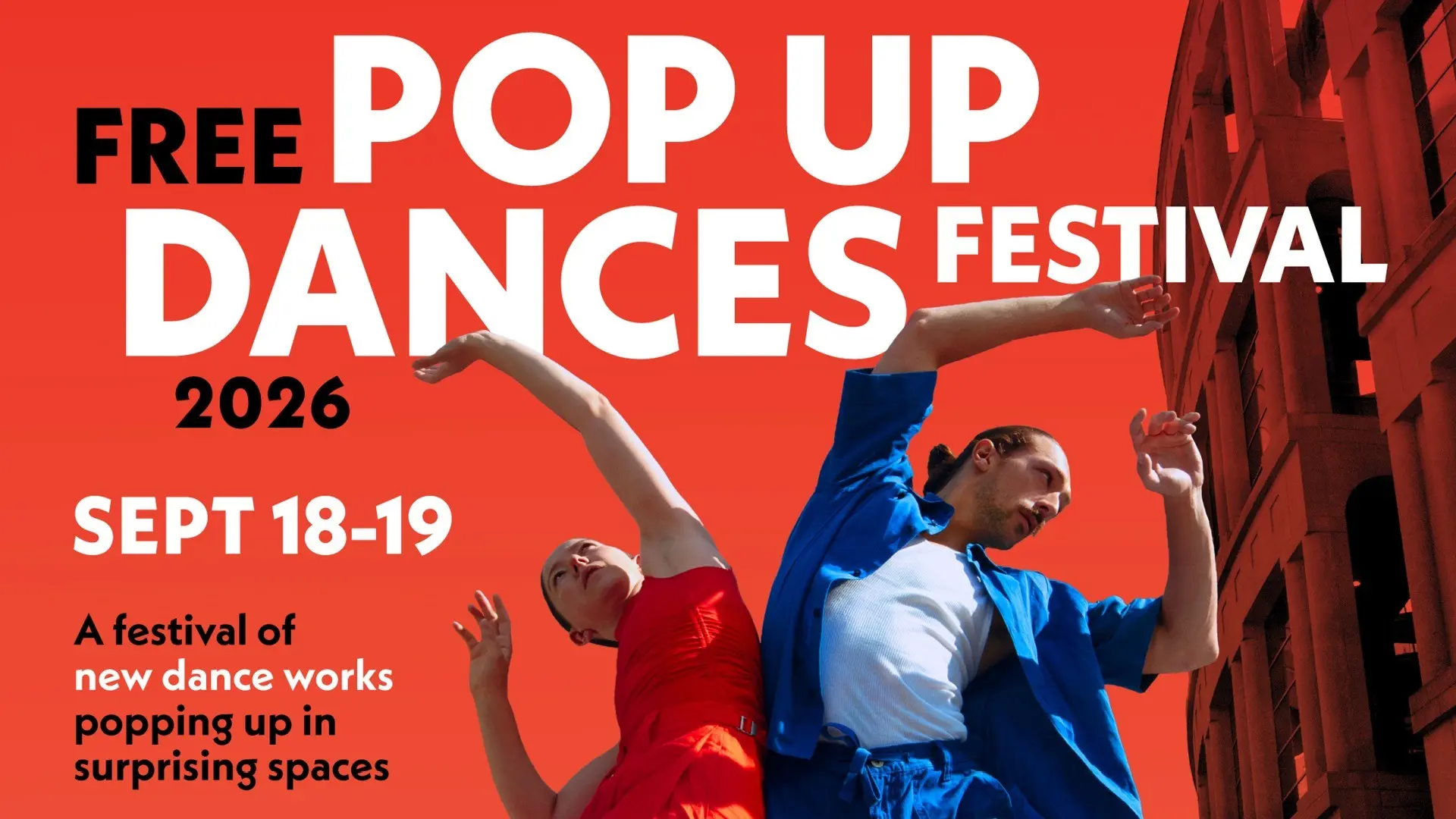Two dancers in dynamic poses against a red background with text about a free pop up dances festival on Sept 18-19, 2026.