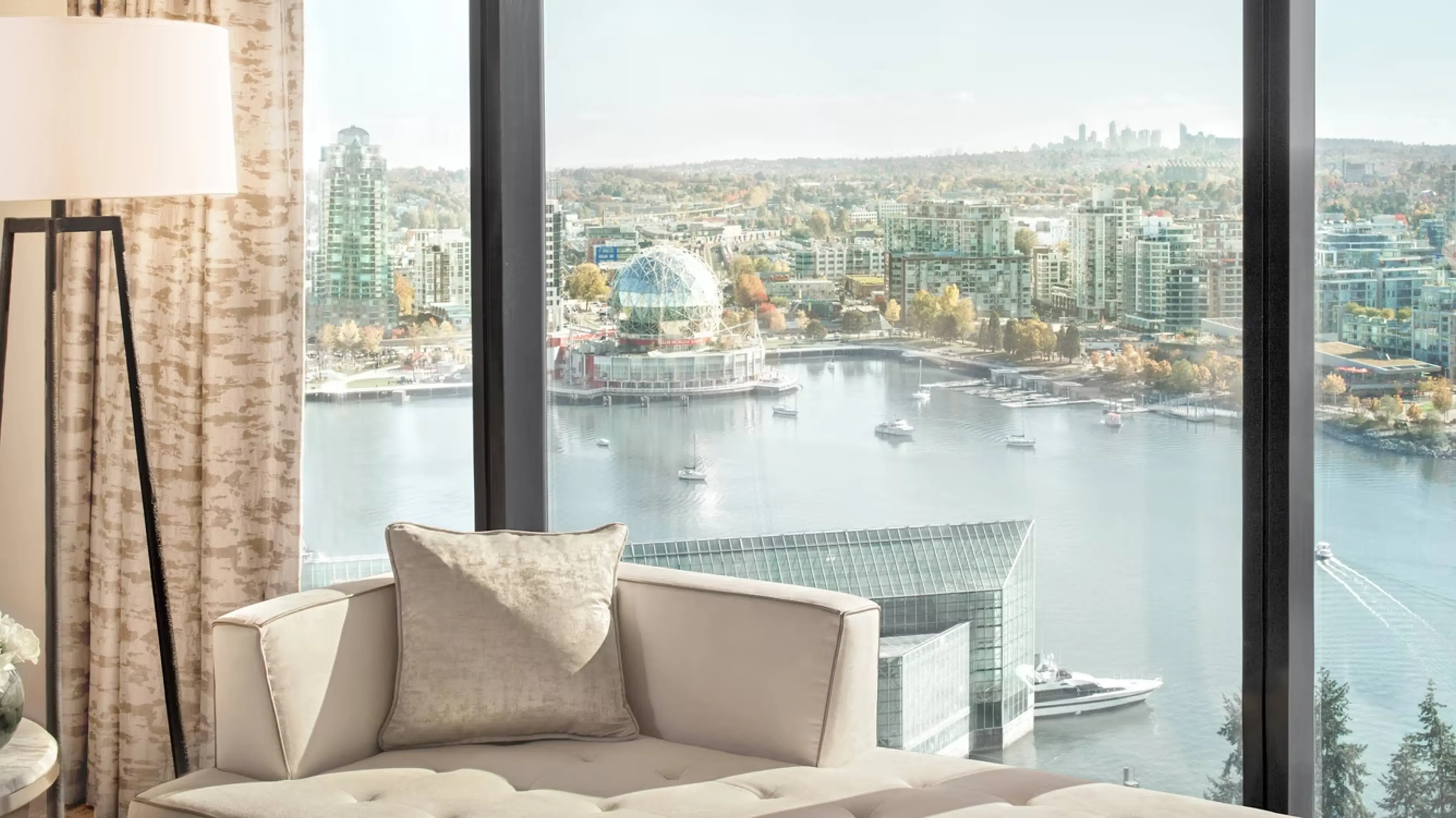 View of False Creek and Science World from a guest room at the Parq Hotel in Vancouver