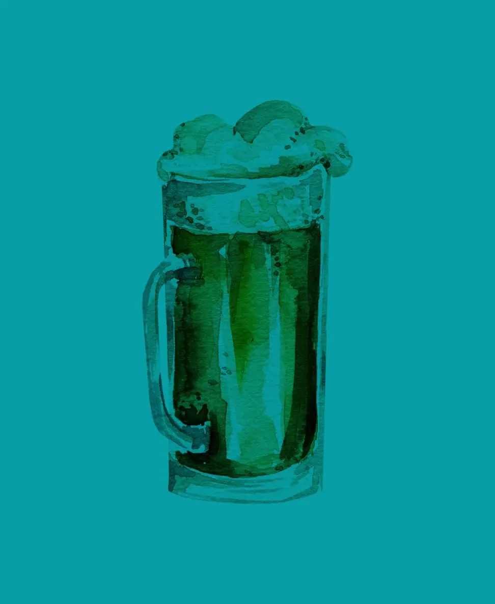 Watercolor painting of a beer mug filled with dark beer and topped with foam on a teal background.