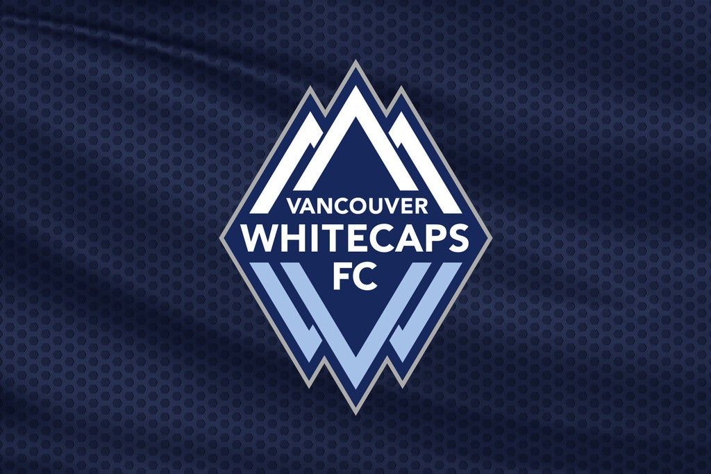 Vancouver Whitecaps FC logo with stylized mountain peaks on a dark blue textured background.