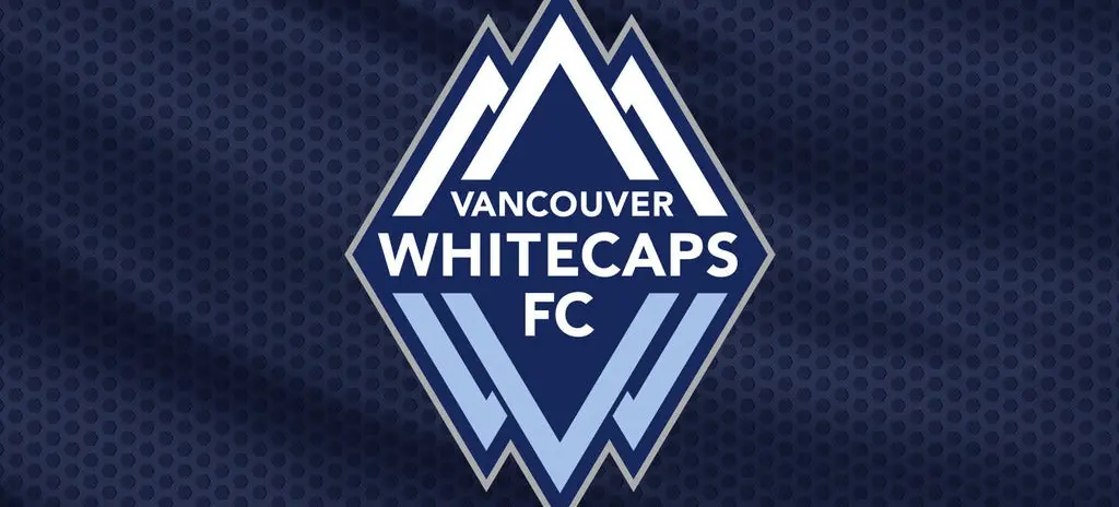 Vancouver Whitecaps FC logo with stylized mountain peaks on a dark blue textured background.