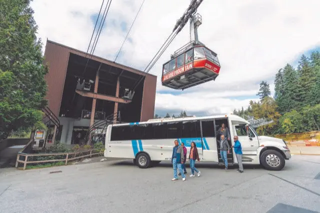 Five people walking near a white shuttle bus parked outside a cable car station with a red cable car labeled 'Grouse Mountain' suspended above.