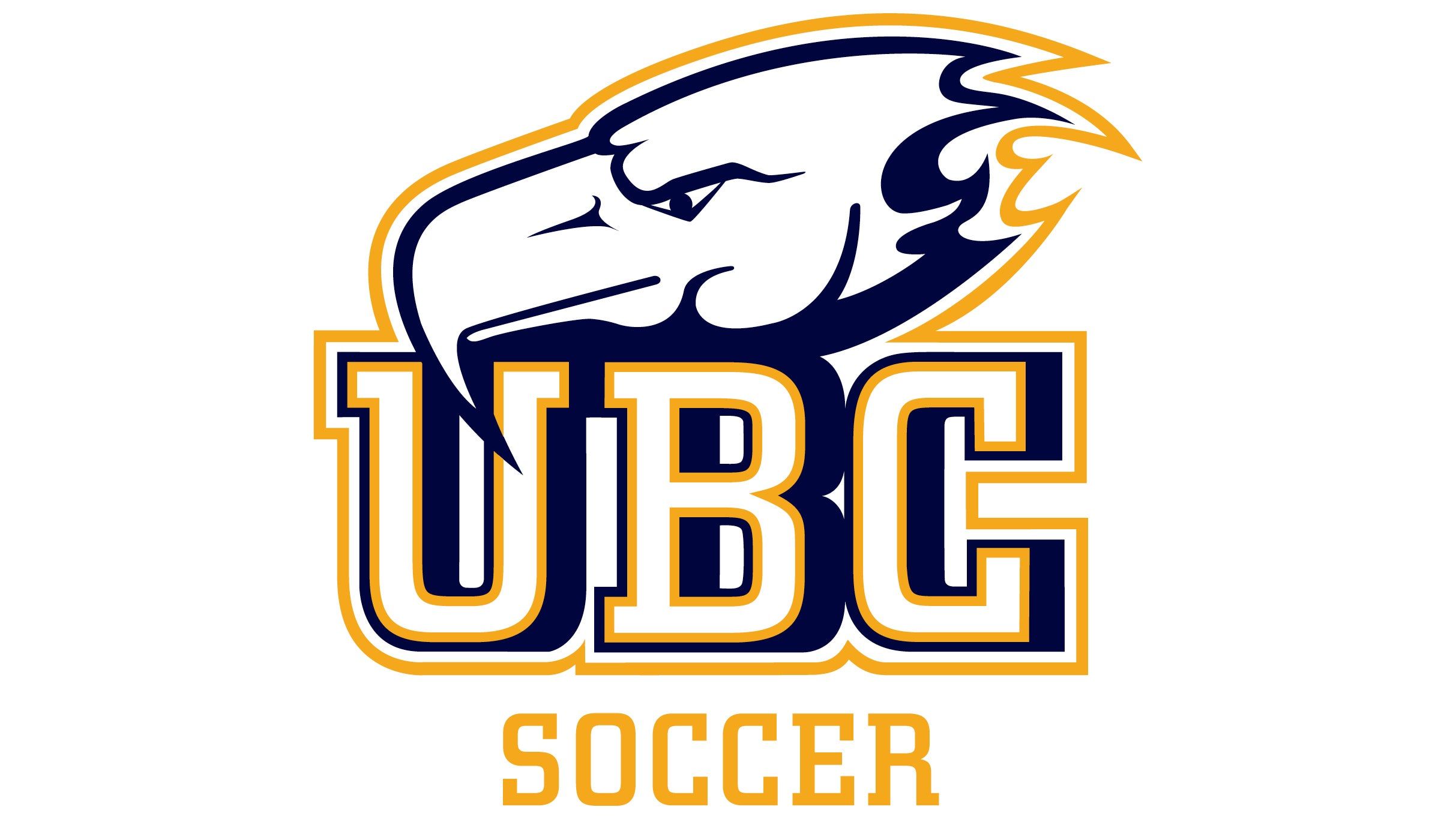 UBC Soccer logo with a stylized eagle head above bold letters UBC in navy and gold.