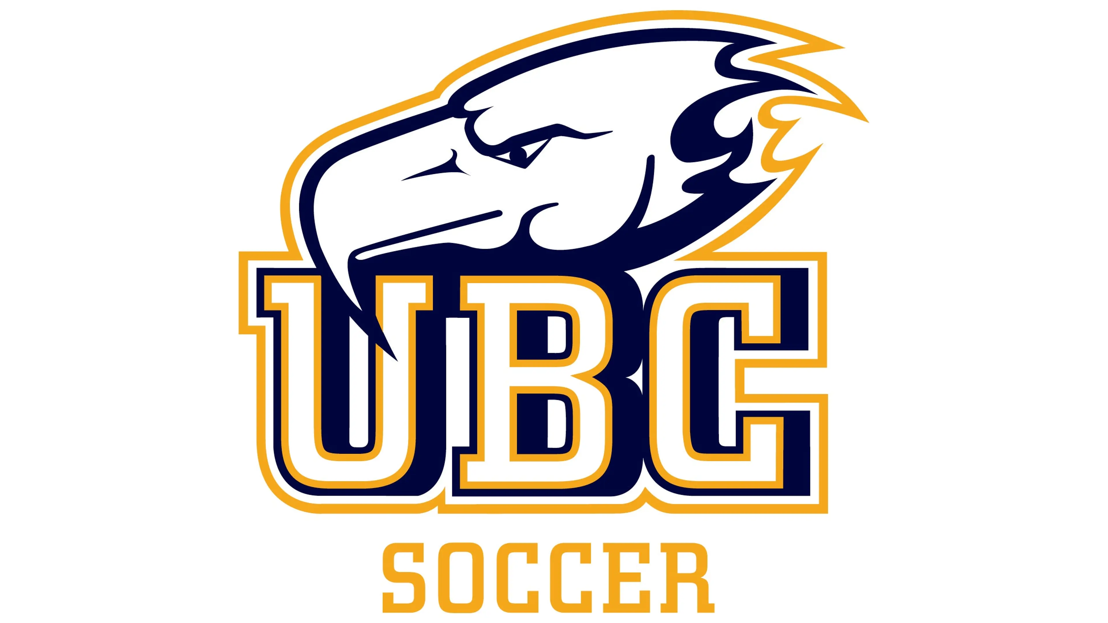 UBC Soccer logo with a stylized eagle head above bold letters UBC in navy and gold.