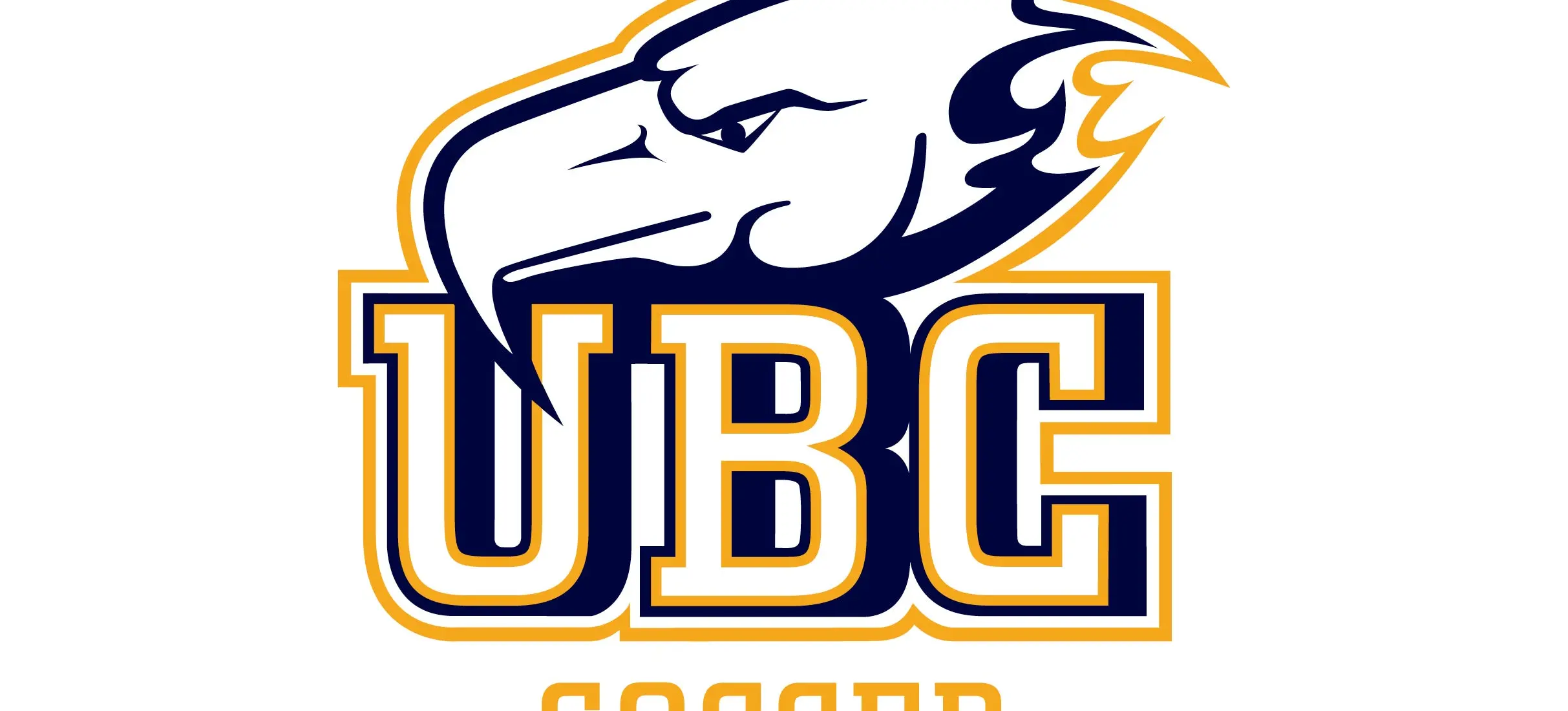 UBC Soccer logo with a stylized eagle head above bold letters UBC in navy and gold.