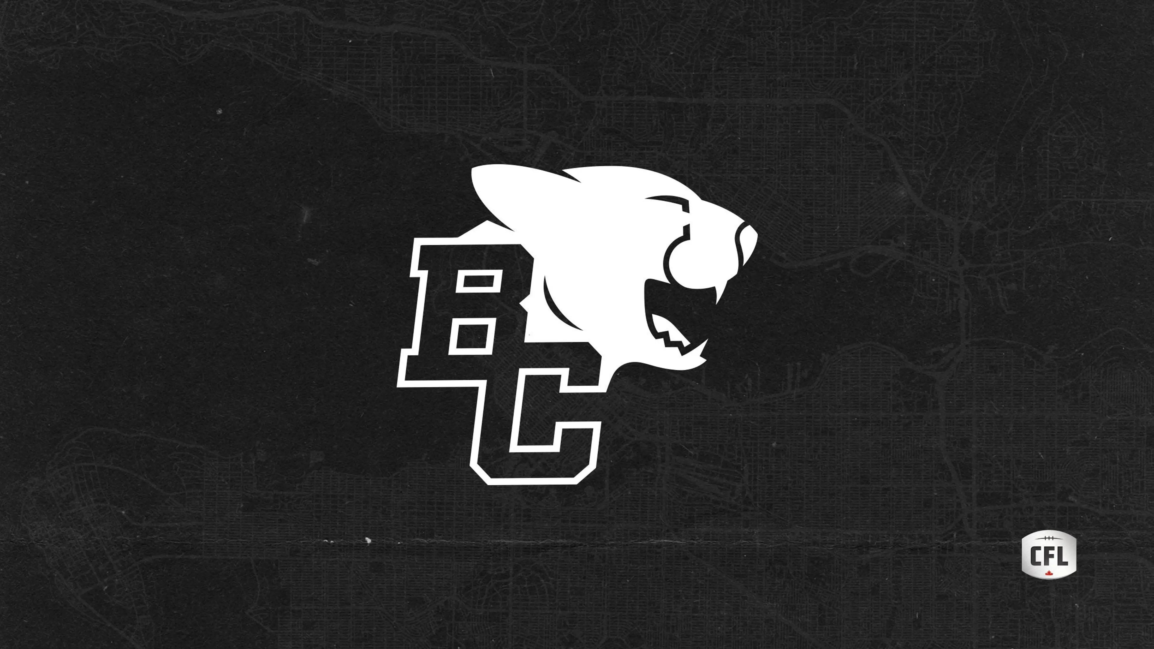 White BC letters with a roaring panther head on a black textured background with a small CFL logo in the bottom right corner.