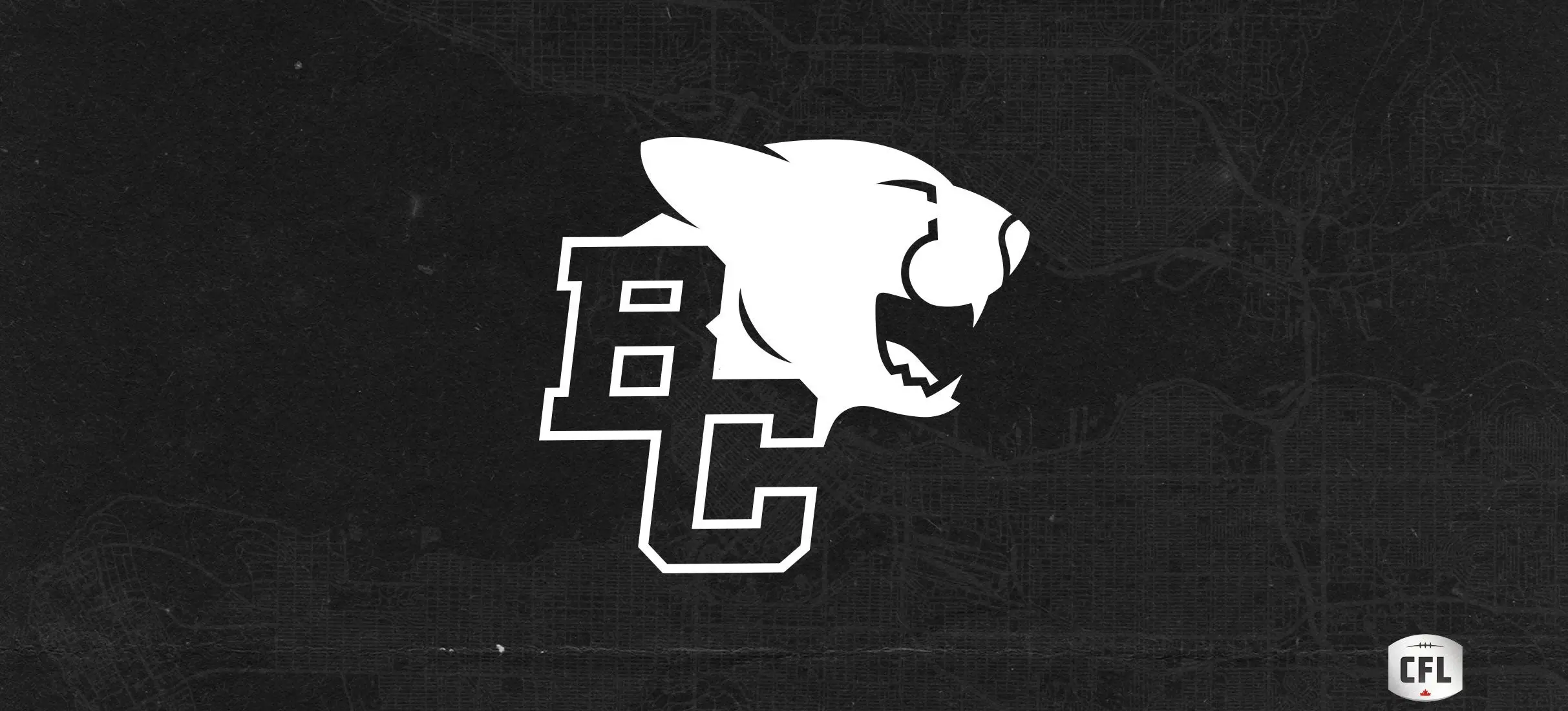 White BC letters with a roaring panther head on a black textured background with a small CFL logo in the bottom right corner.