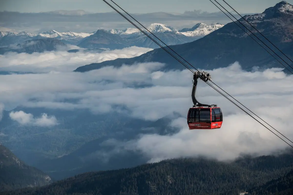 A scenic image of the Peak 2 Peak gondola hanging above the clouds in Whistler.