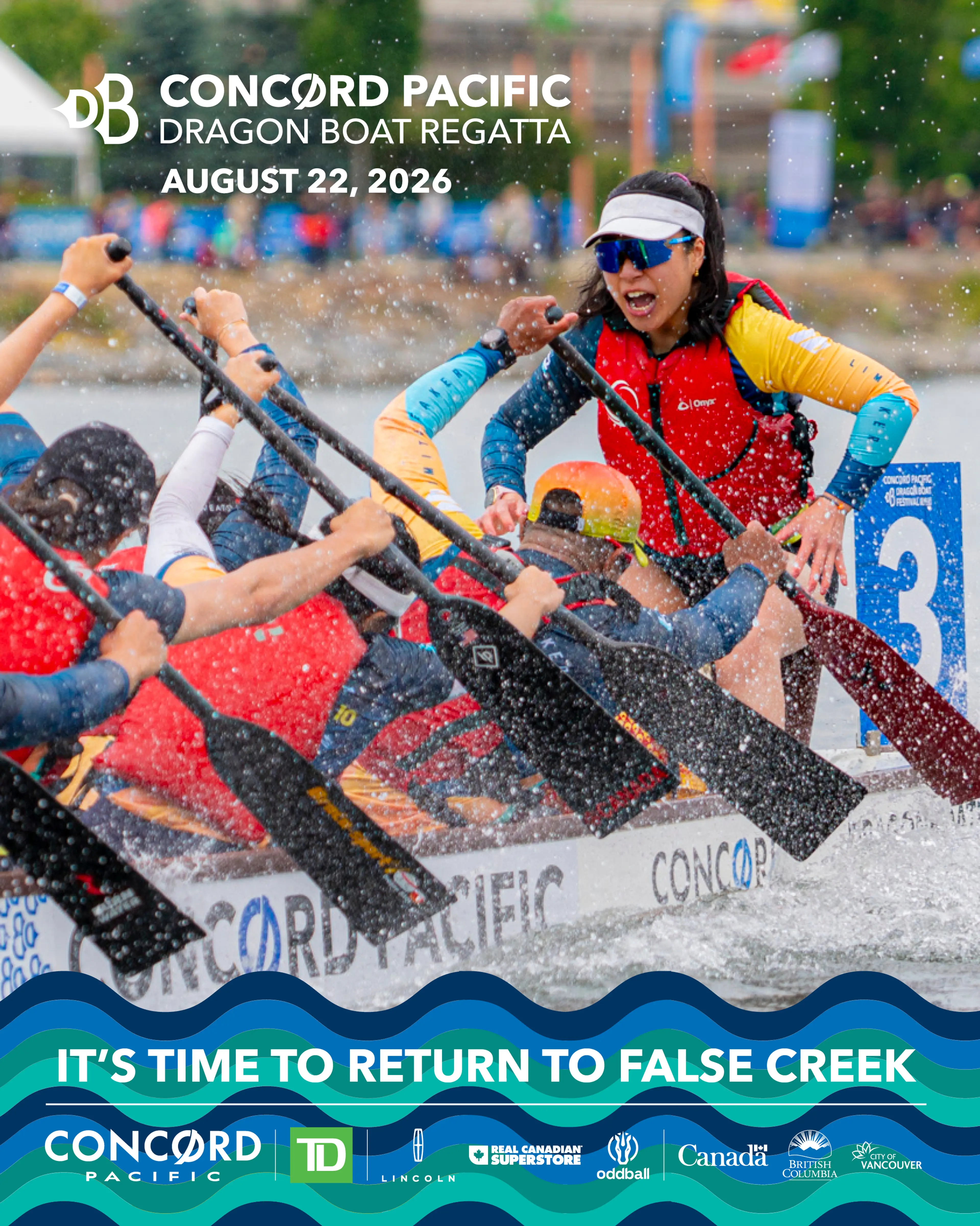 Team paddling vigorously in a dragon boat race with water splashing, event details for Concord Pacific Dragon Boat Regatta on August 22, 2026.