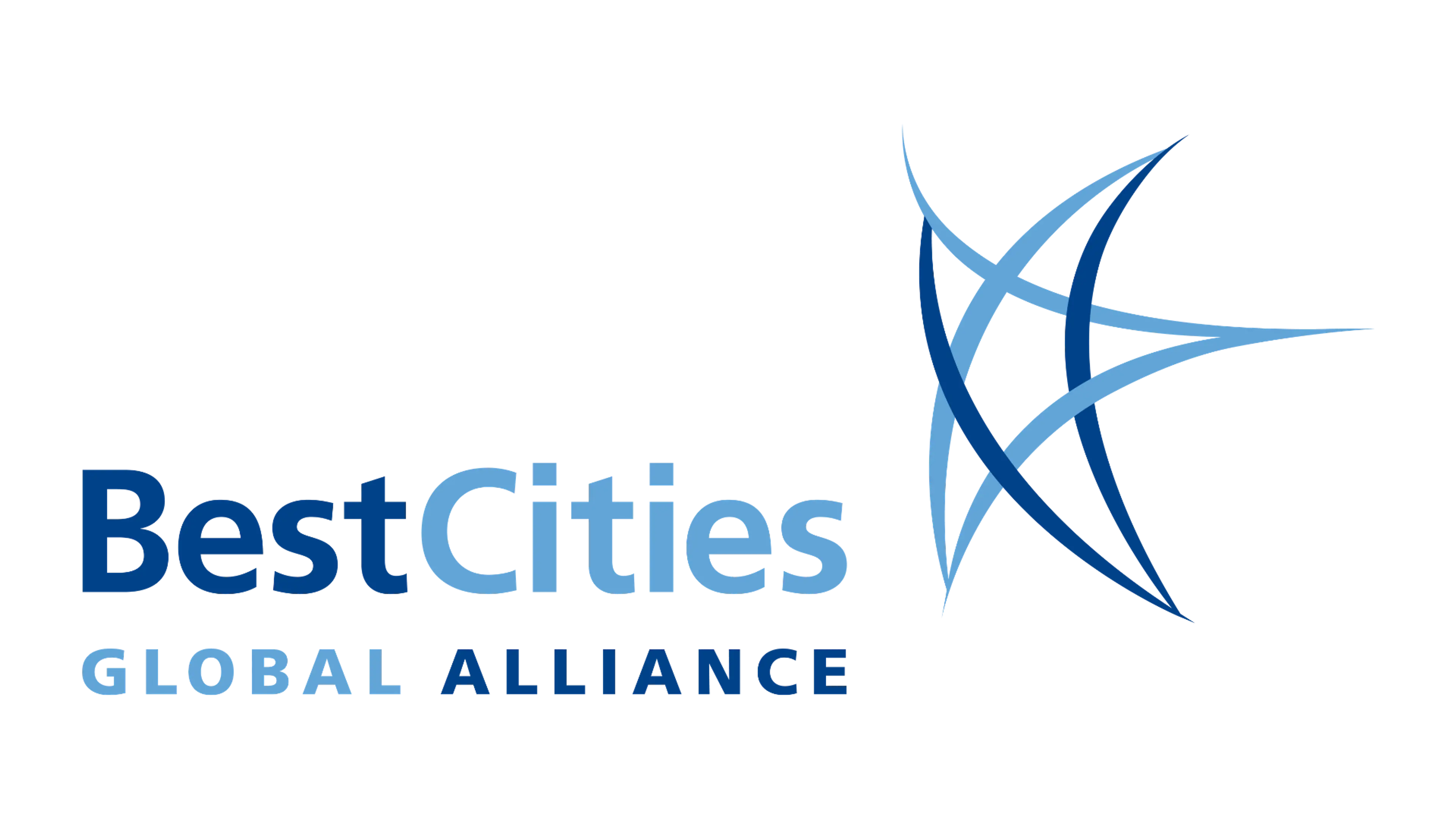 Logo with text BestCities Global Alliance and a blue abstract star design on the right