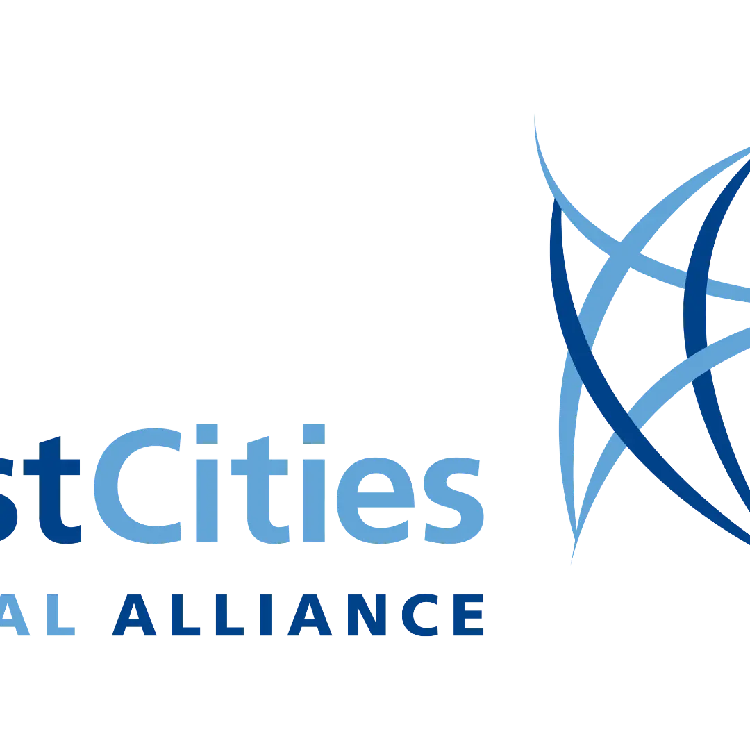 Logo with text BestCities Global Alliance and a blue abstract star design on the right