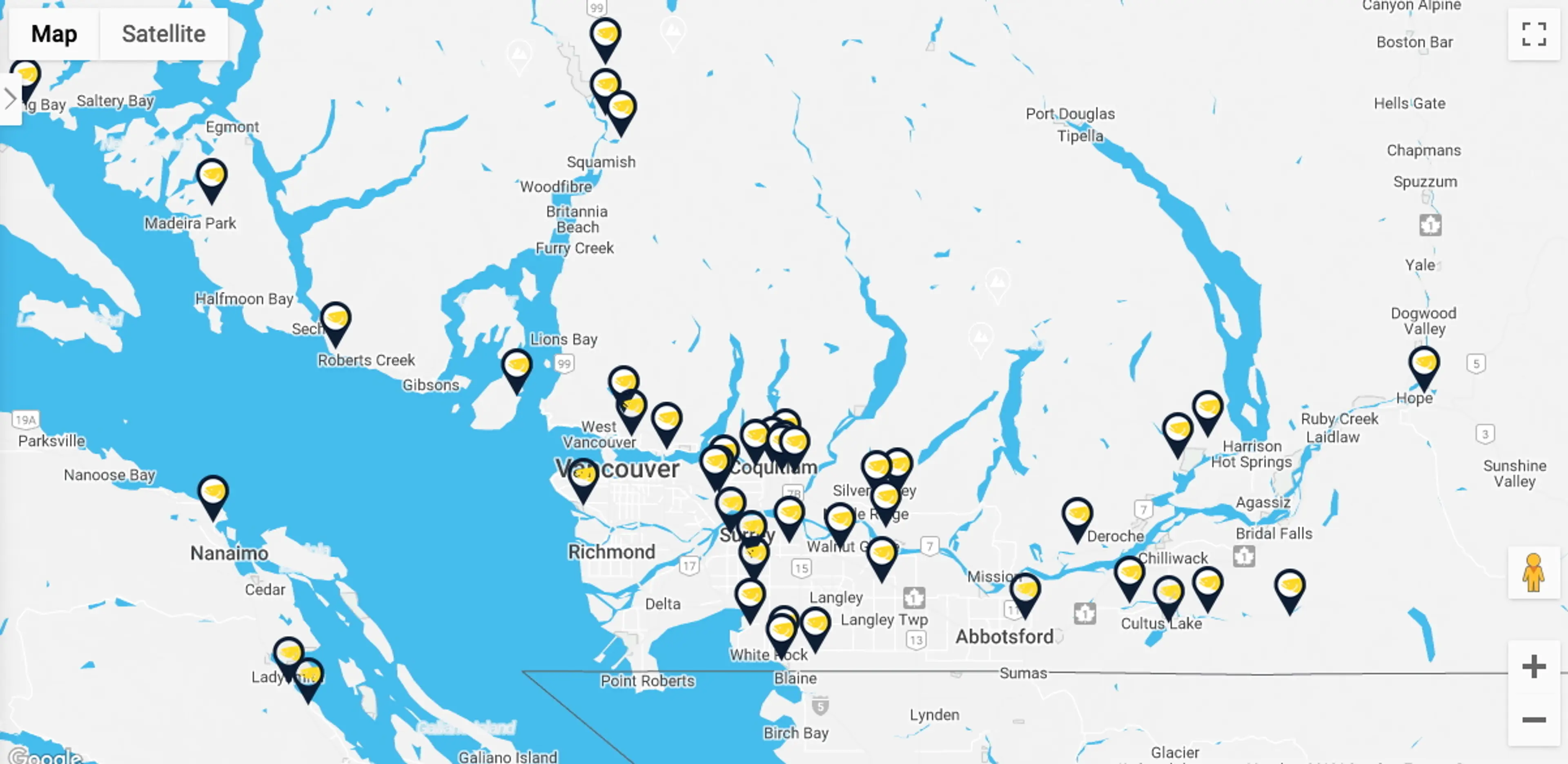  A map with pins showing the locations of spawning salmon near Vancouver