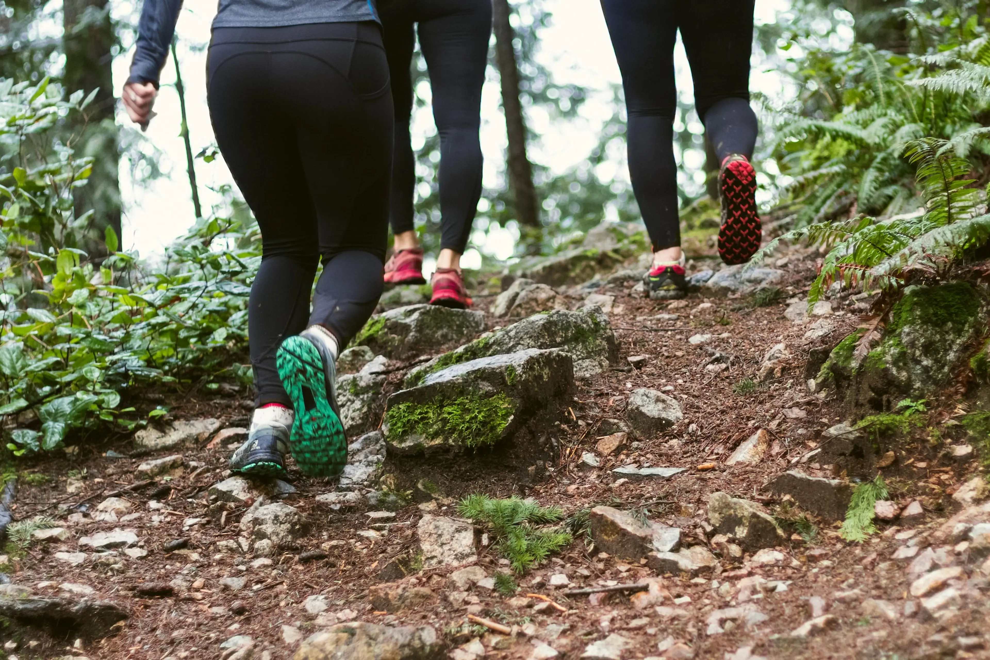 Close up of women's shoes as they run up a trail