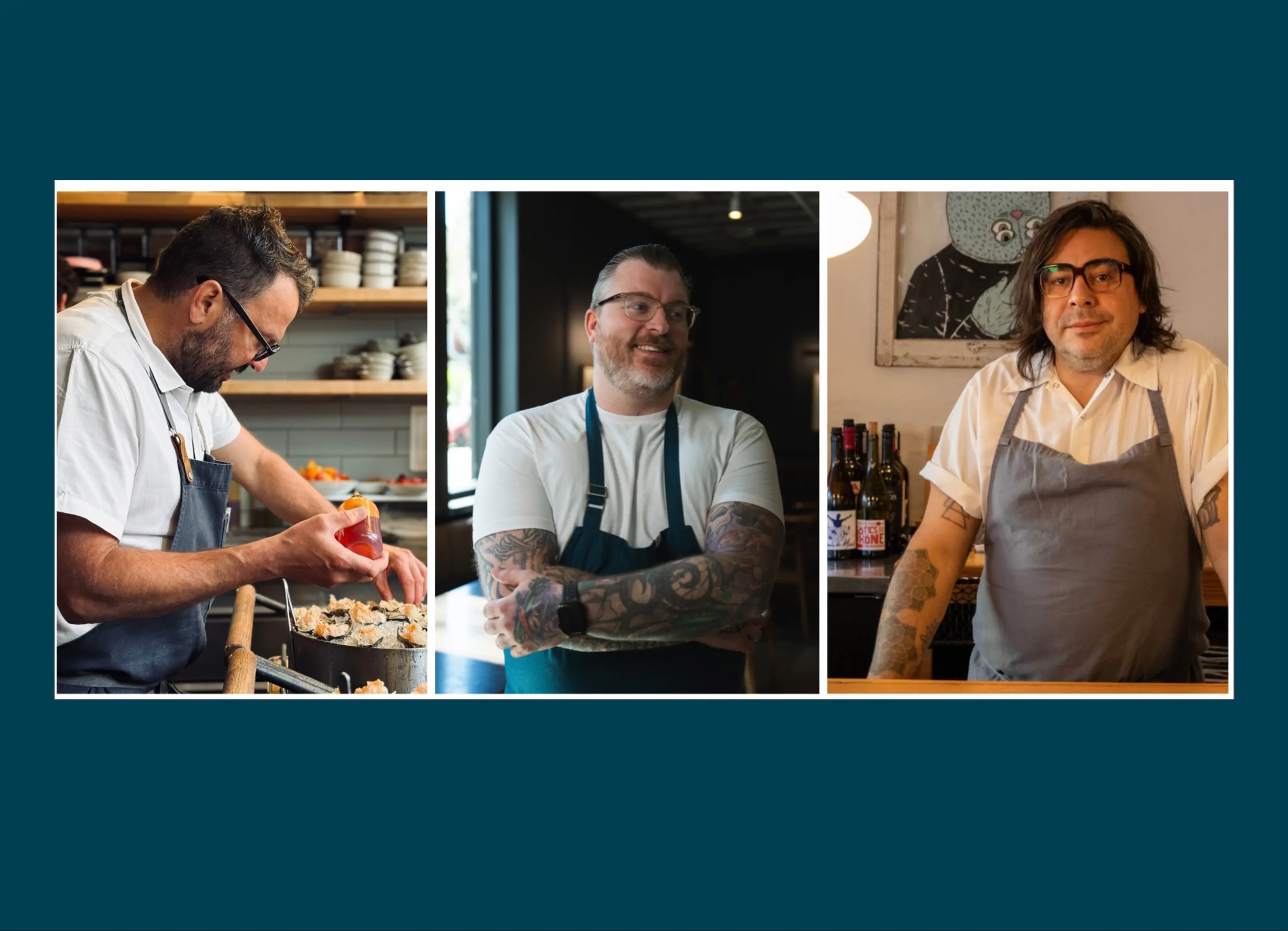 Three tattooed chefs wearing aprons; one preparing food, one smiling with arms crossed, and one standing behind a counter with bottles in the background.