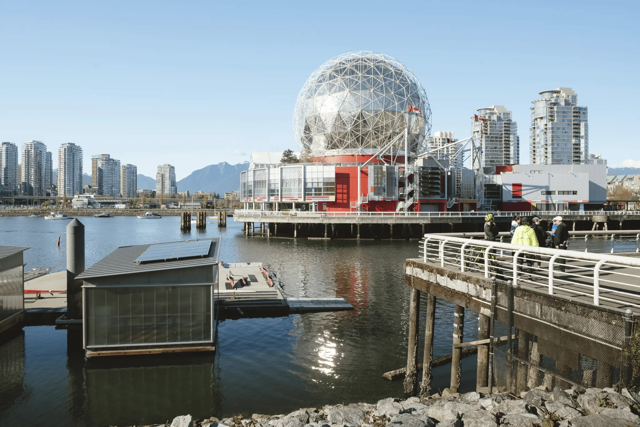 Science World in Vancouver during the day, reflecting light from the sun