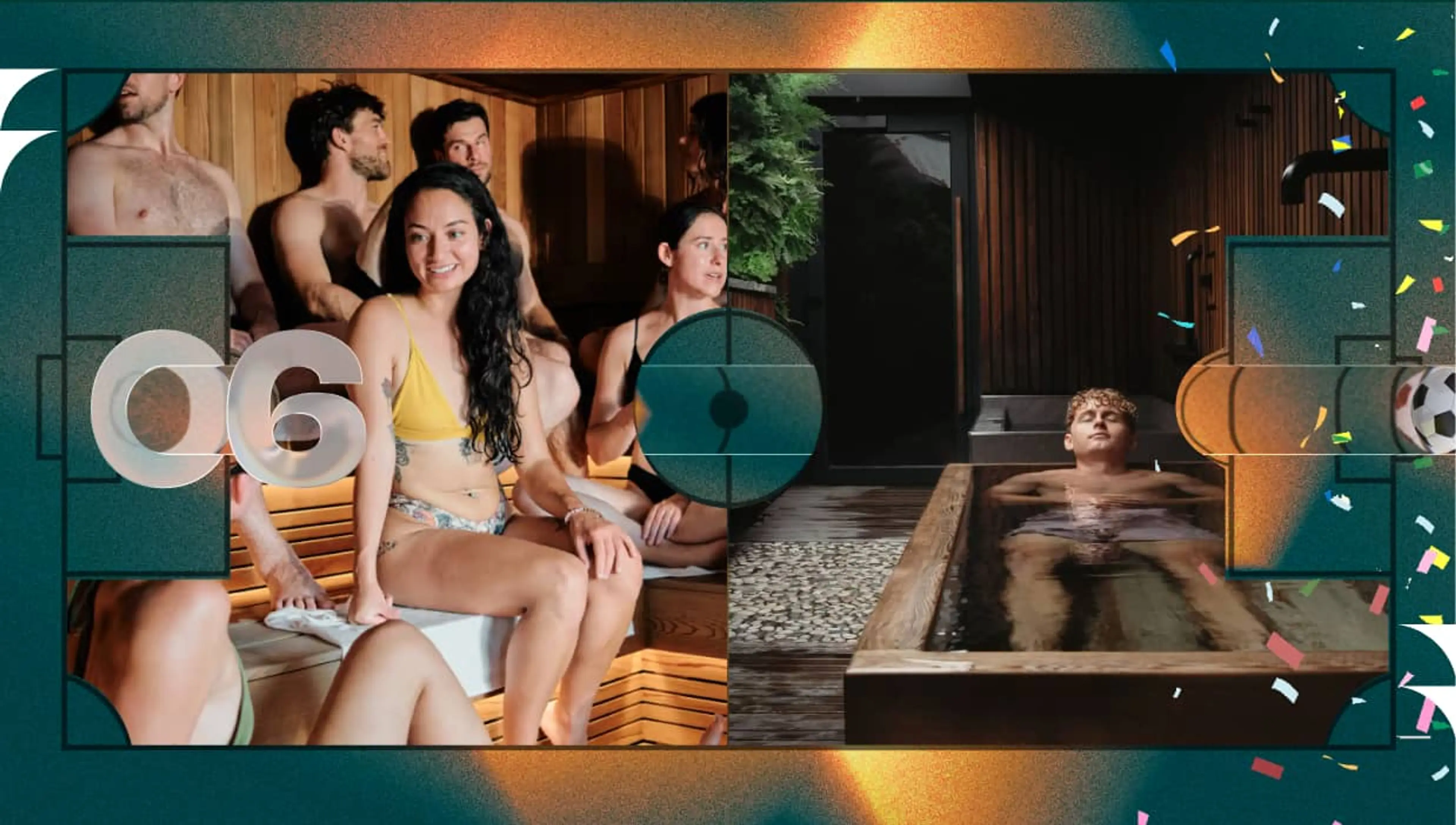 Man with curly hair relaxing in a wooden bathtub in a spa room with wooden walls and green plants.