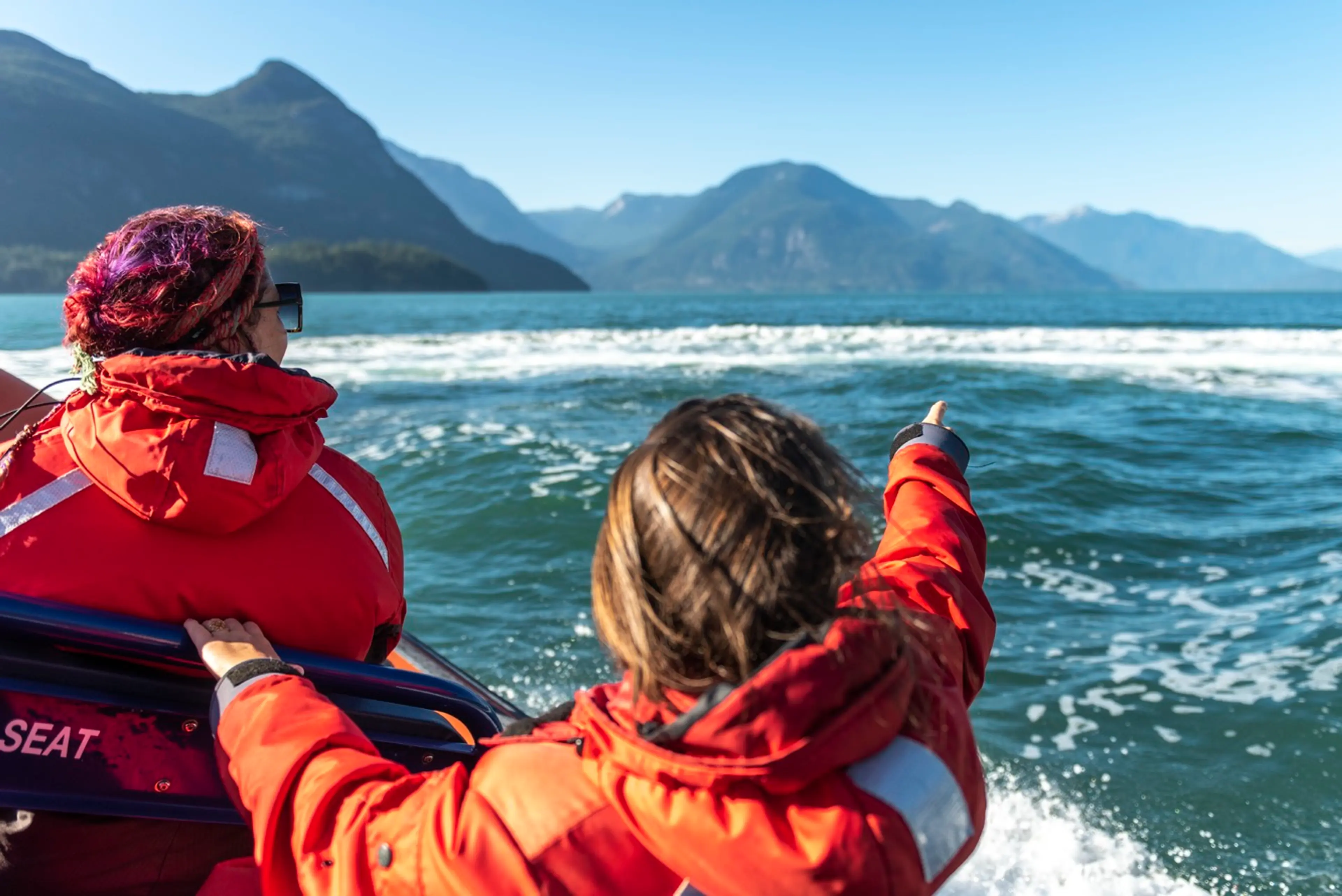 A child points at wildlife in the ocean on a boat tour near Vanocuver