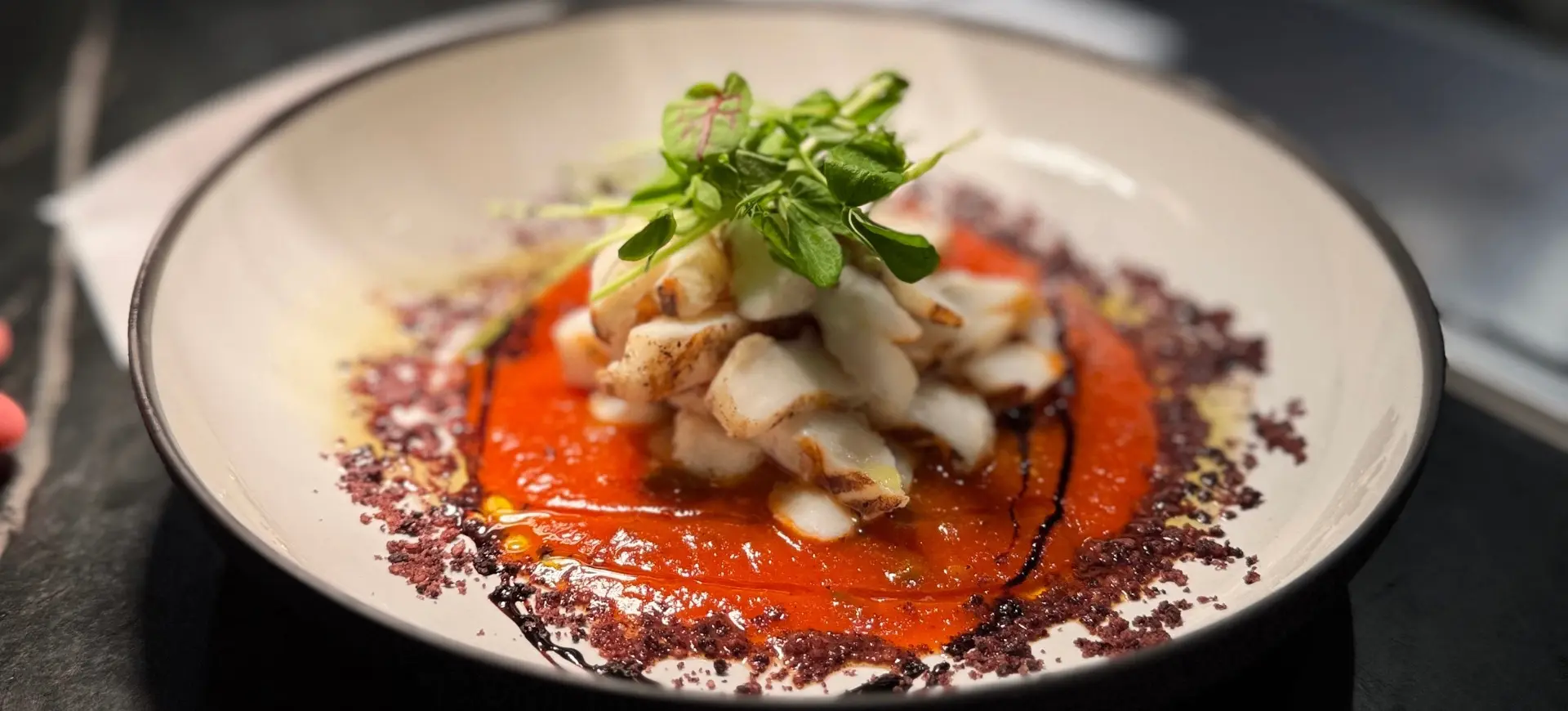 Grilled white fish pieces on red sauce garnished with green herbs and sprinkled with purple seasoning on a white plate.