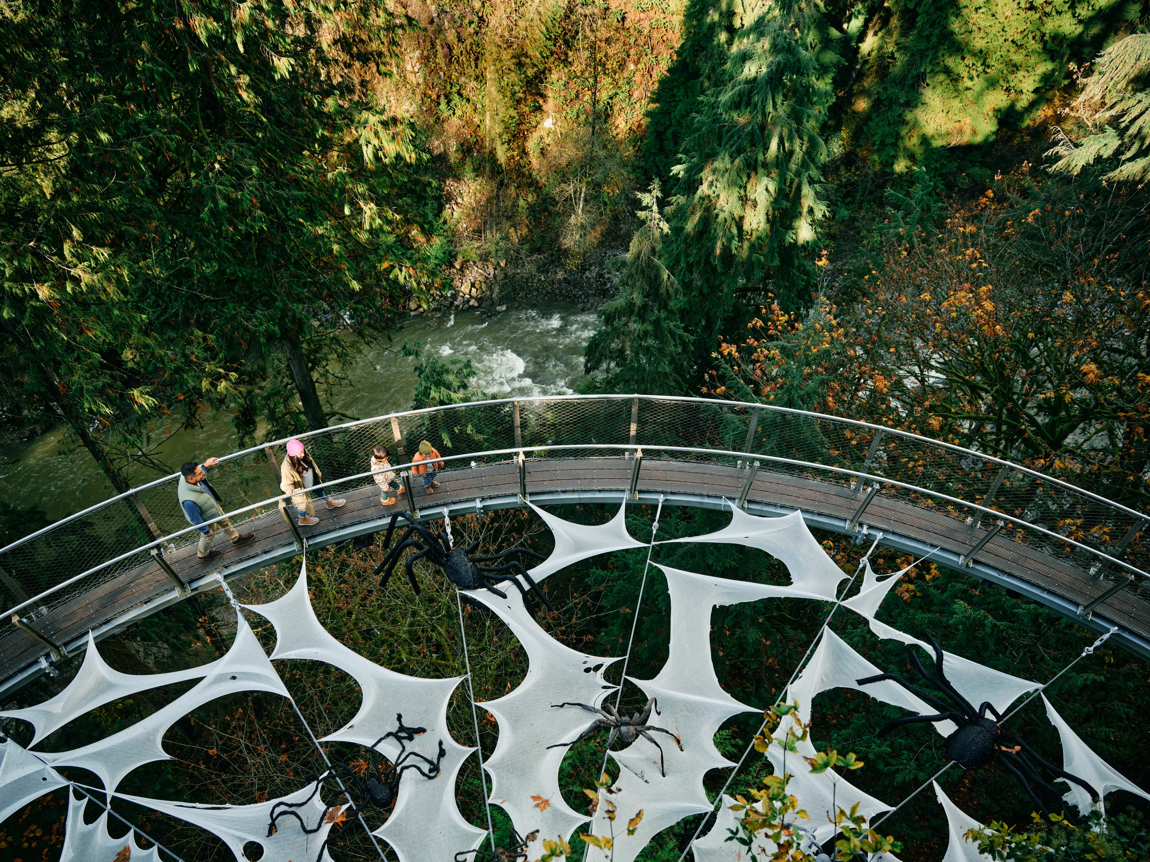 A photo from above of the Cliff Walk at the Capilano Suspension Bridge Park decorated with spiders for Halloween season.