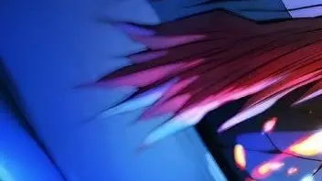Close-up of a character with spiky red and pink hair against a blue background.