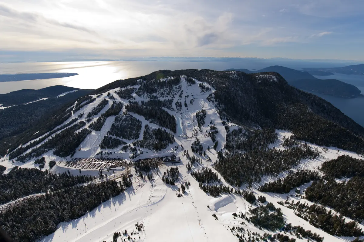 Aerial view of ski runs at Cypress Mountain near Vancouver in winter