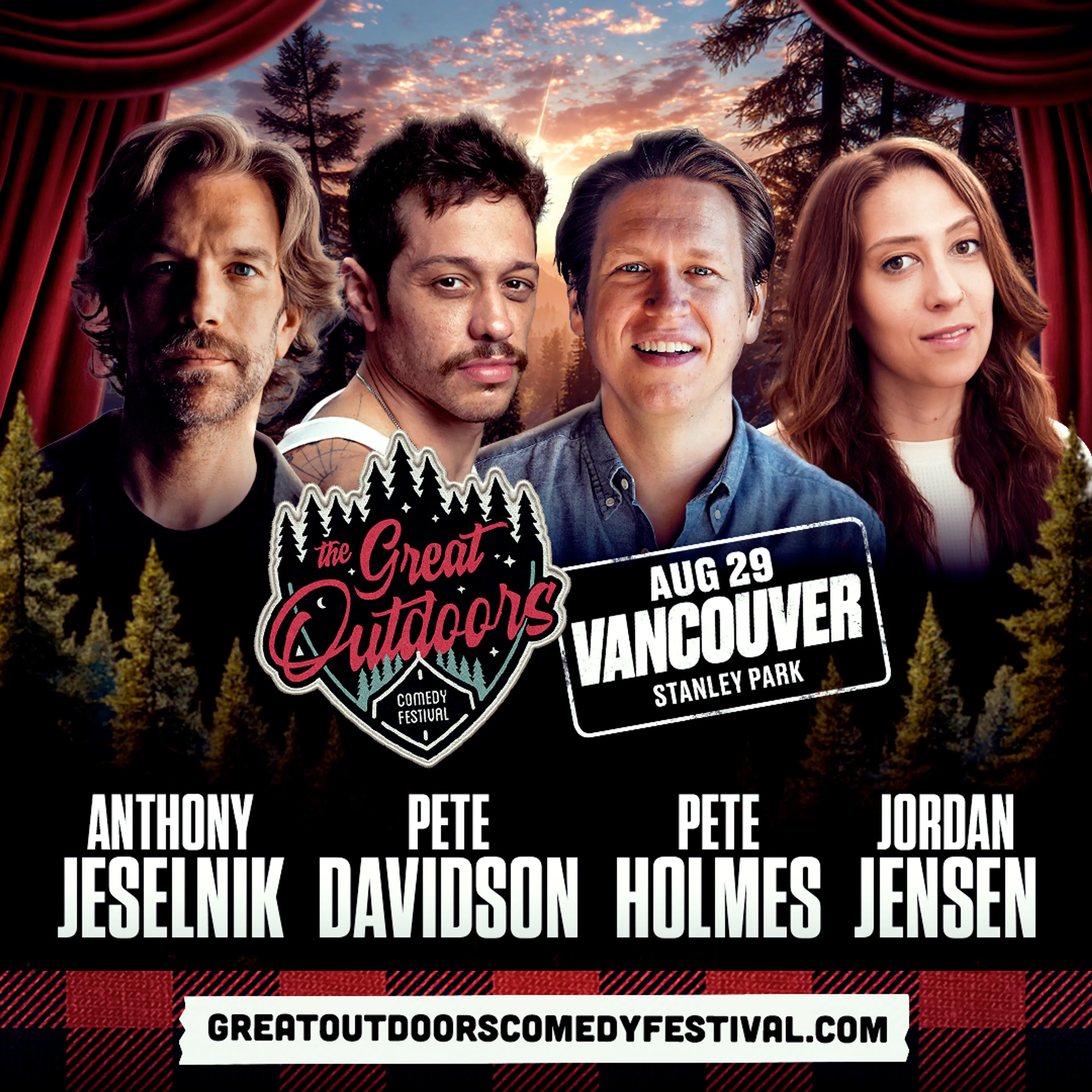 Four comedians with names Anthony Jeselnik, Pete Davidson, Pete Holmes, and Jordan Jensen against a forest sunset background with text promoting The Great Outdoors Comedy Festival in Vancouver on August 29.