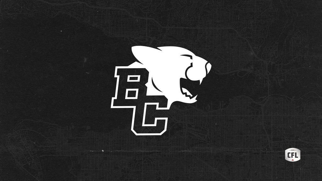 White BC letters with a roaring panther head on a black textured background with a small CFL logo in the bottom right corner.