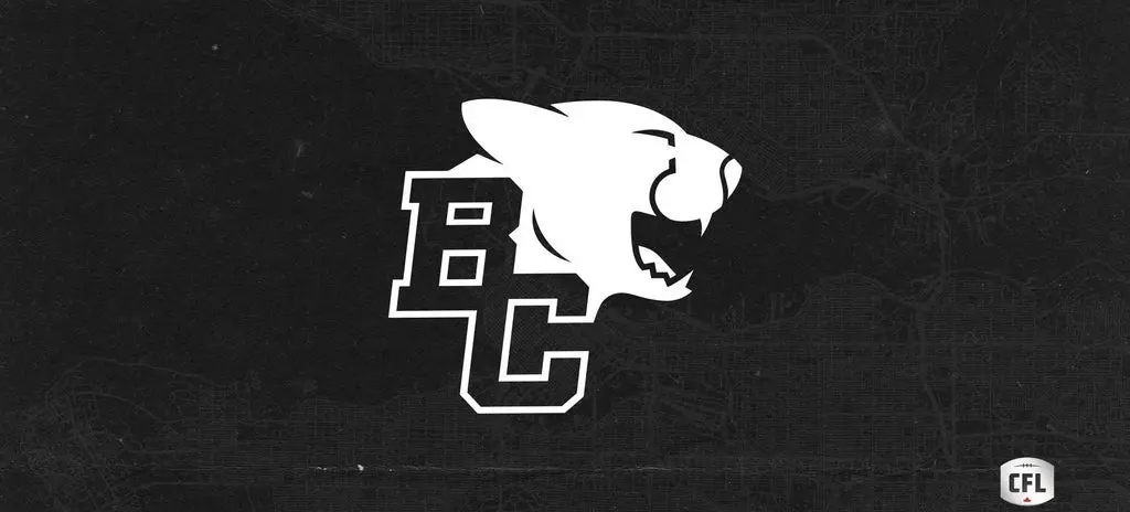 White BC letters with a roaring panther head on a black textured background with a small CFL logo in the bottom right corner.