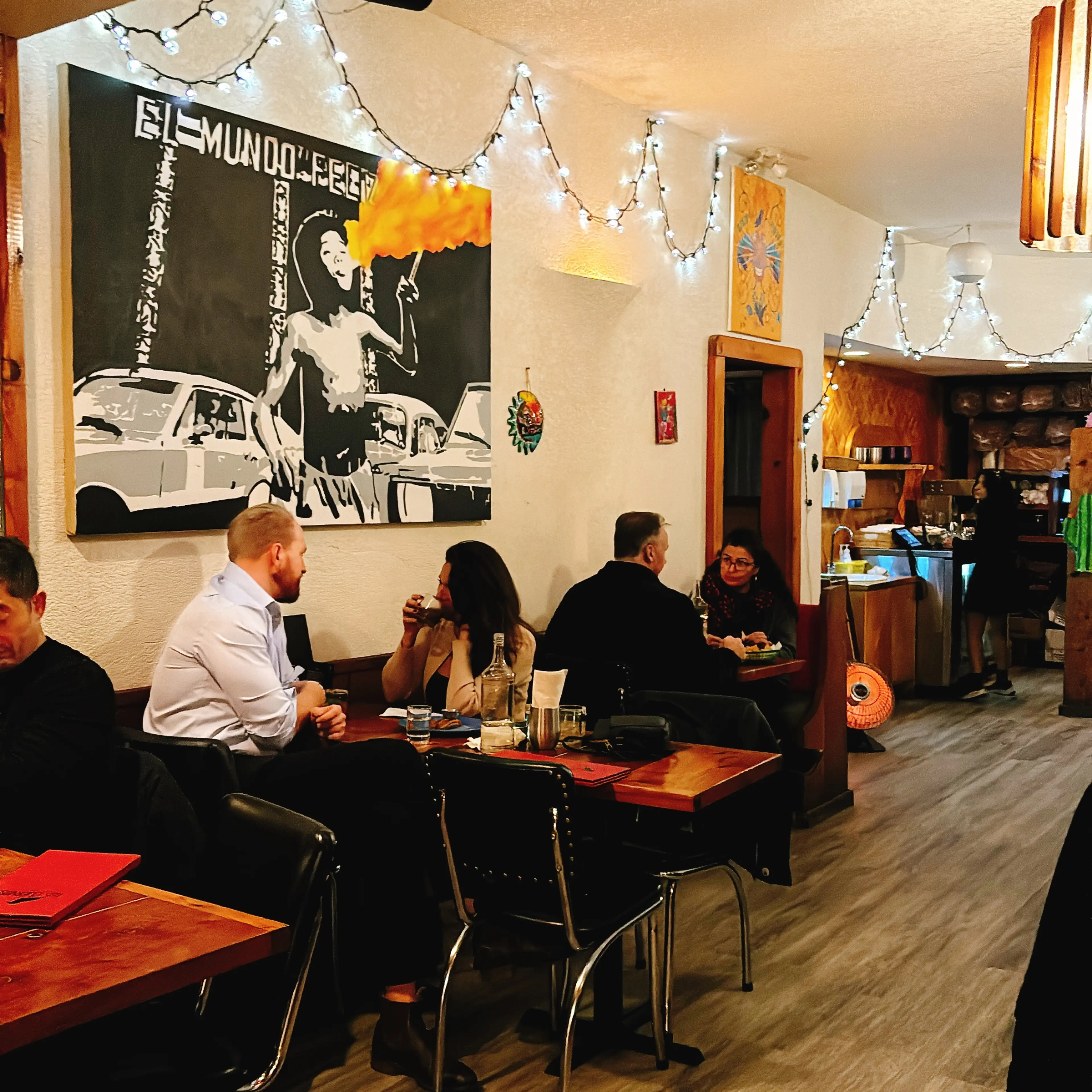 The interiors of Los Cuervos with festive lights