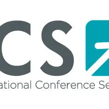 Logo with letters ICS and a teal square containing a white arrow pointing up and right, text below reads International Conference Services