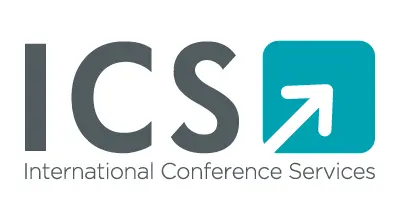 Logo with letters ICS and a teal square containing a white arrow pointing up and right, text below reads International Conference Services