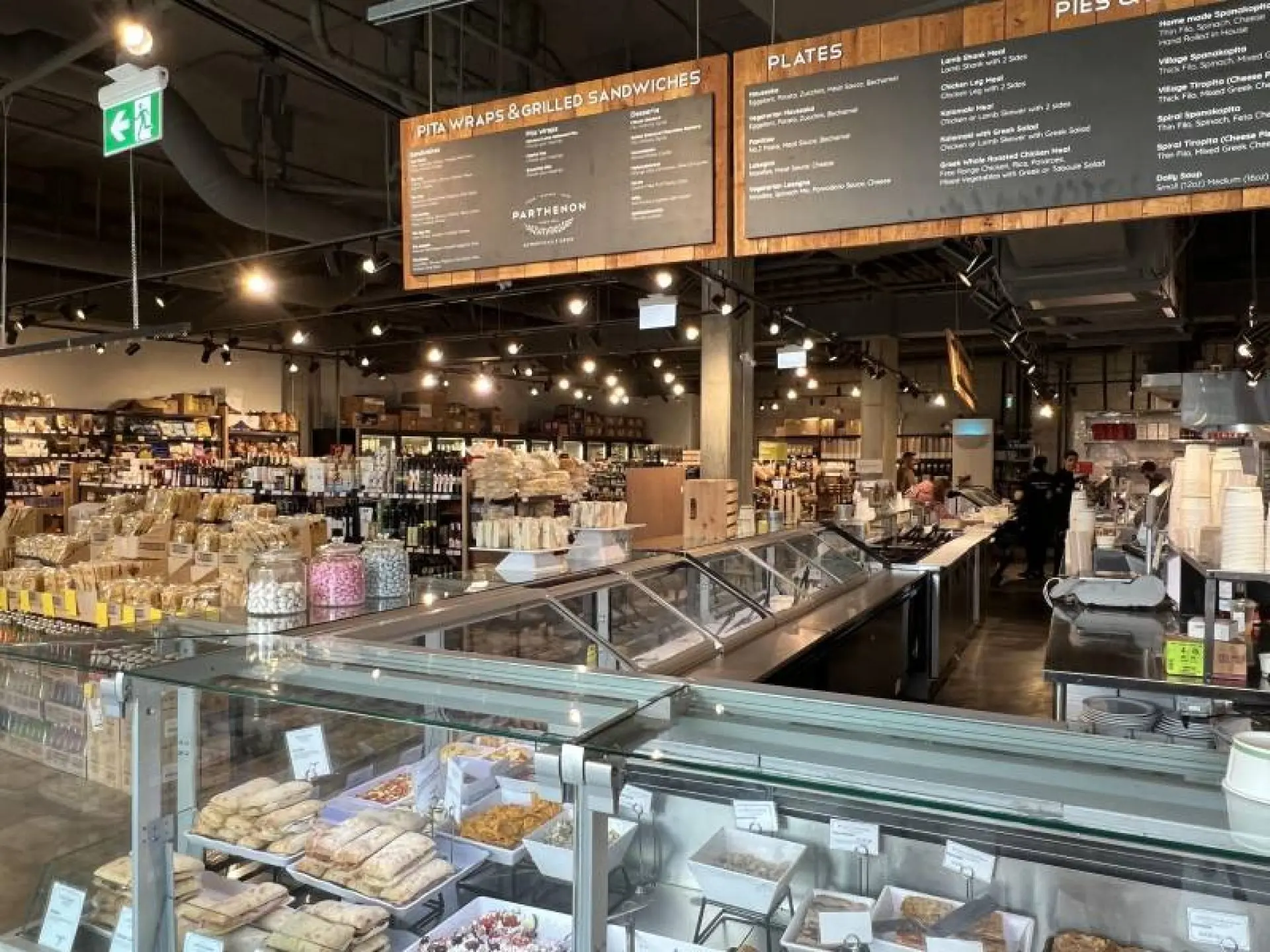 Interiors, including deli counter, of Parthenon Market
