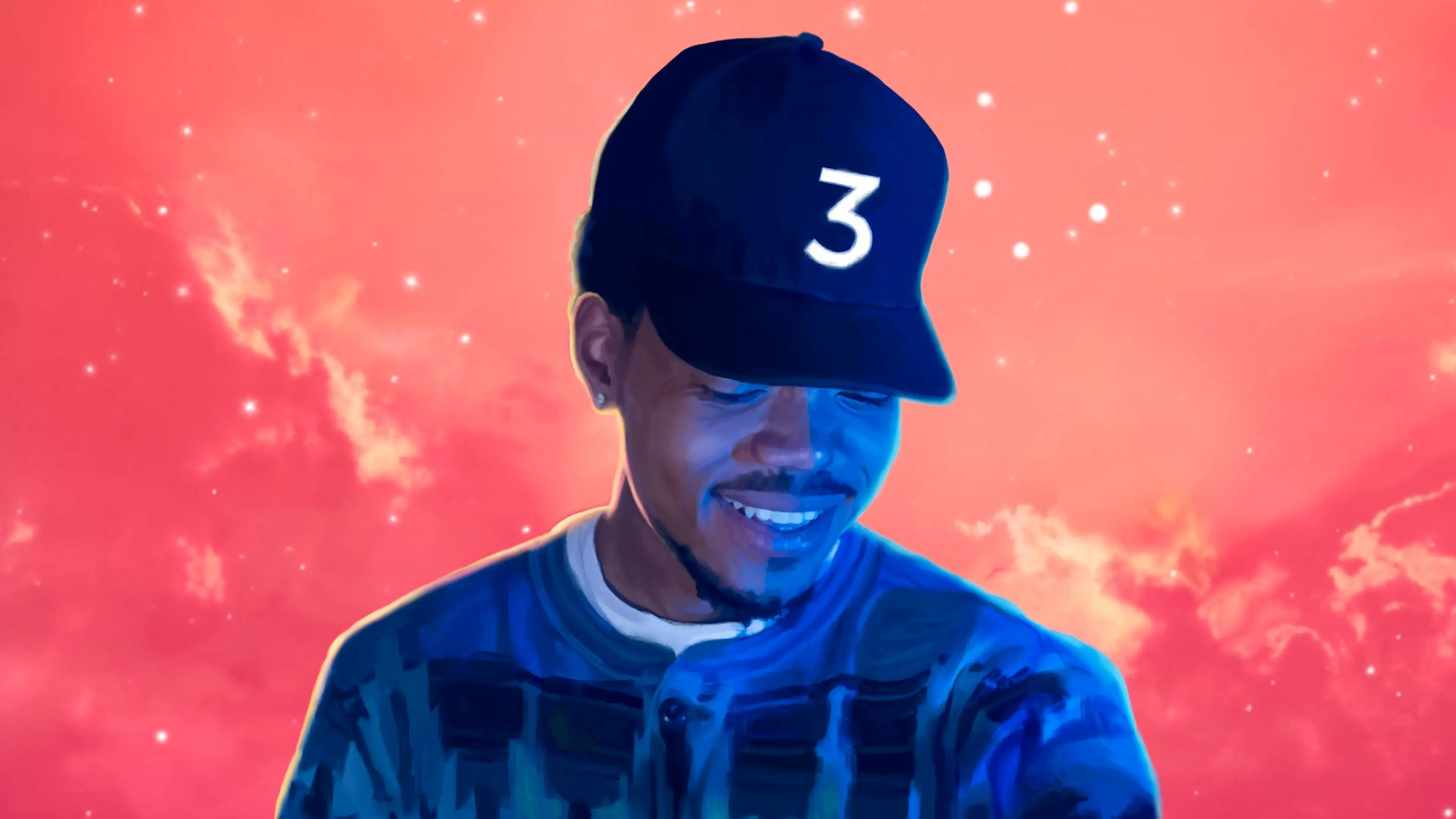 Person wearing a dark cap with the number 3, smiling against a pink and orange starry sky background.