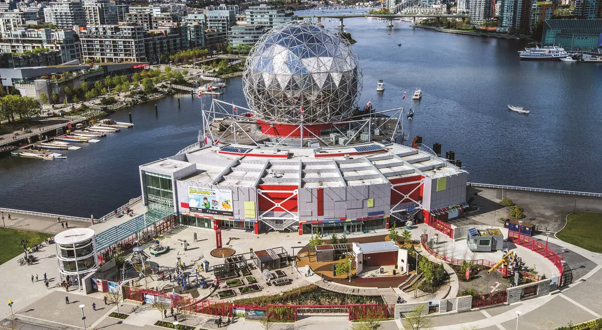 Aerial view of Science World and False Creek