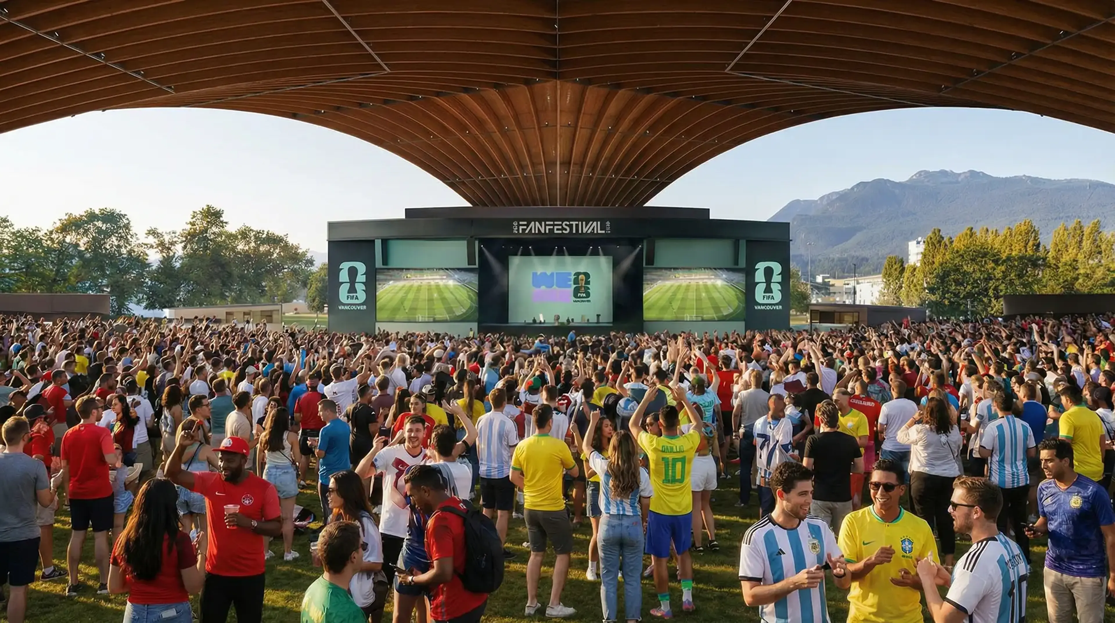 Large crowd of people watching a live event on a stage under a wooden canopy with mountains in the background.