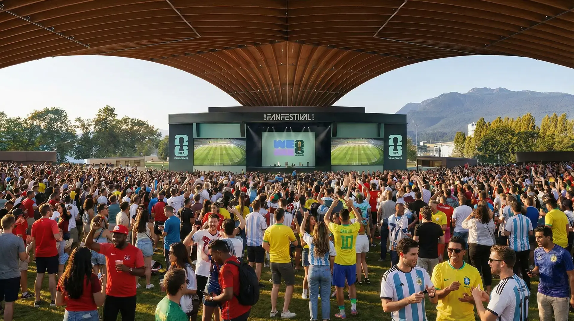 Large crowd of people watching a live event on a stage under a wooden canopy with mountains in the background.